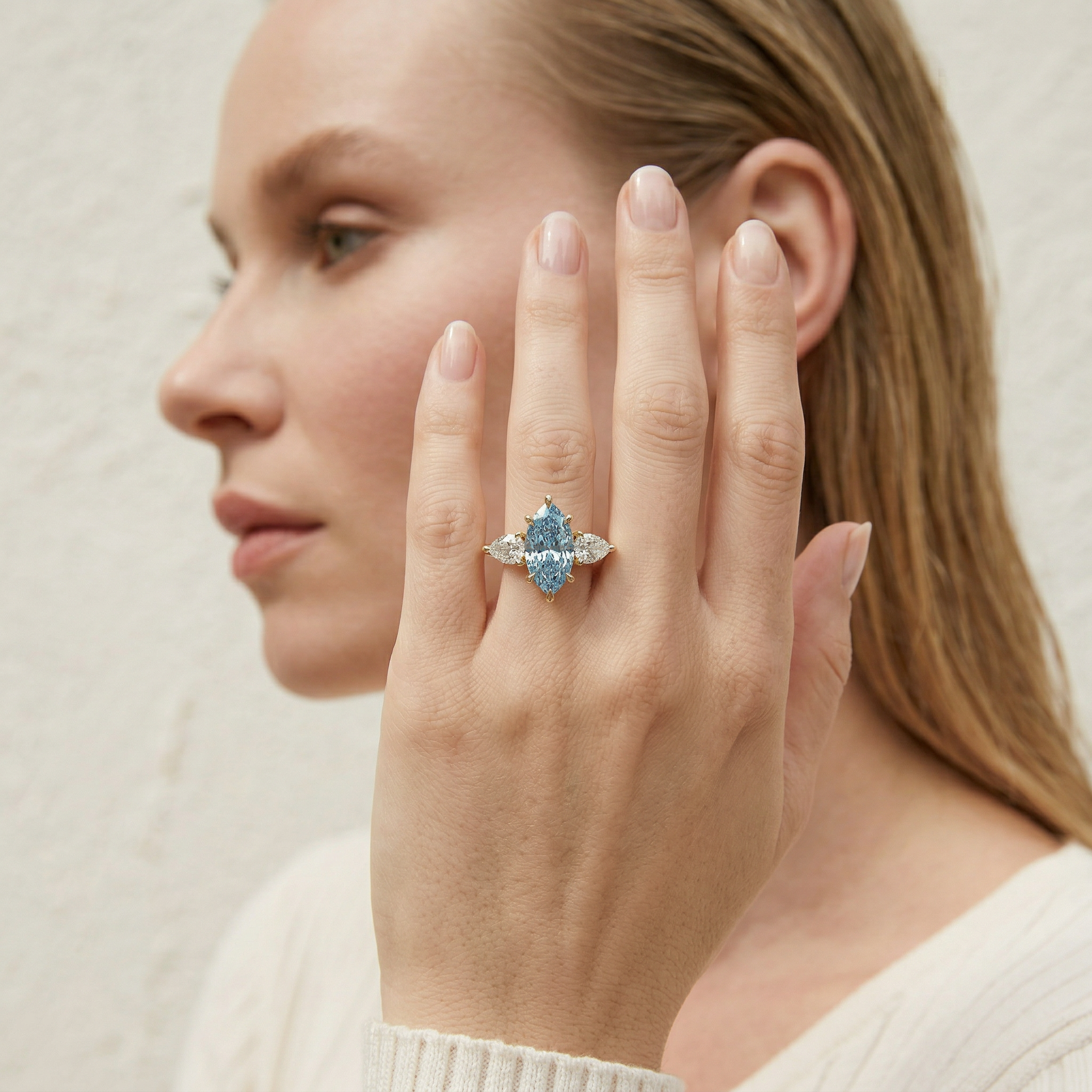 3 Carat Fancy Blue Marquise & Pear Cut Three Stone Lab Grown Diamond Engagement Ring