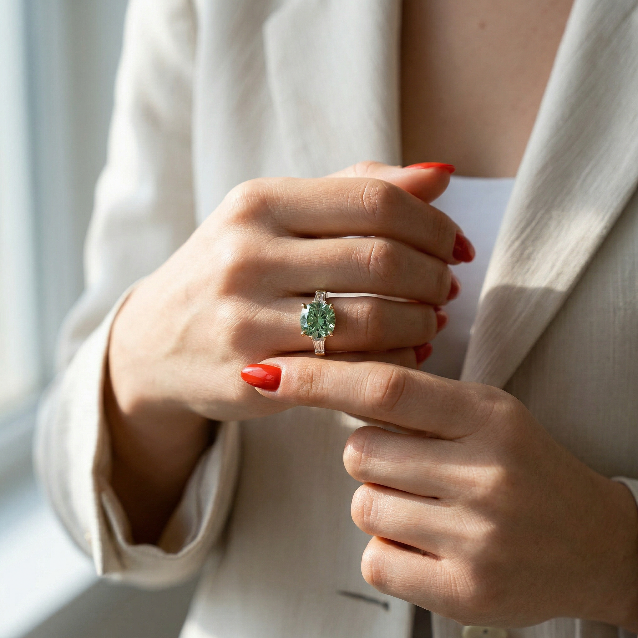 3.75 Carat Fancy Vivid Green Cushion & Tapered Baguette Lab Grown Diamond Three Stone Engagement Ring