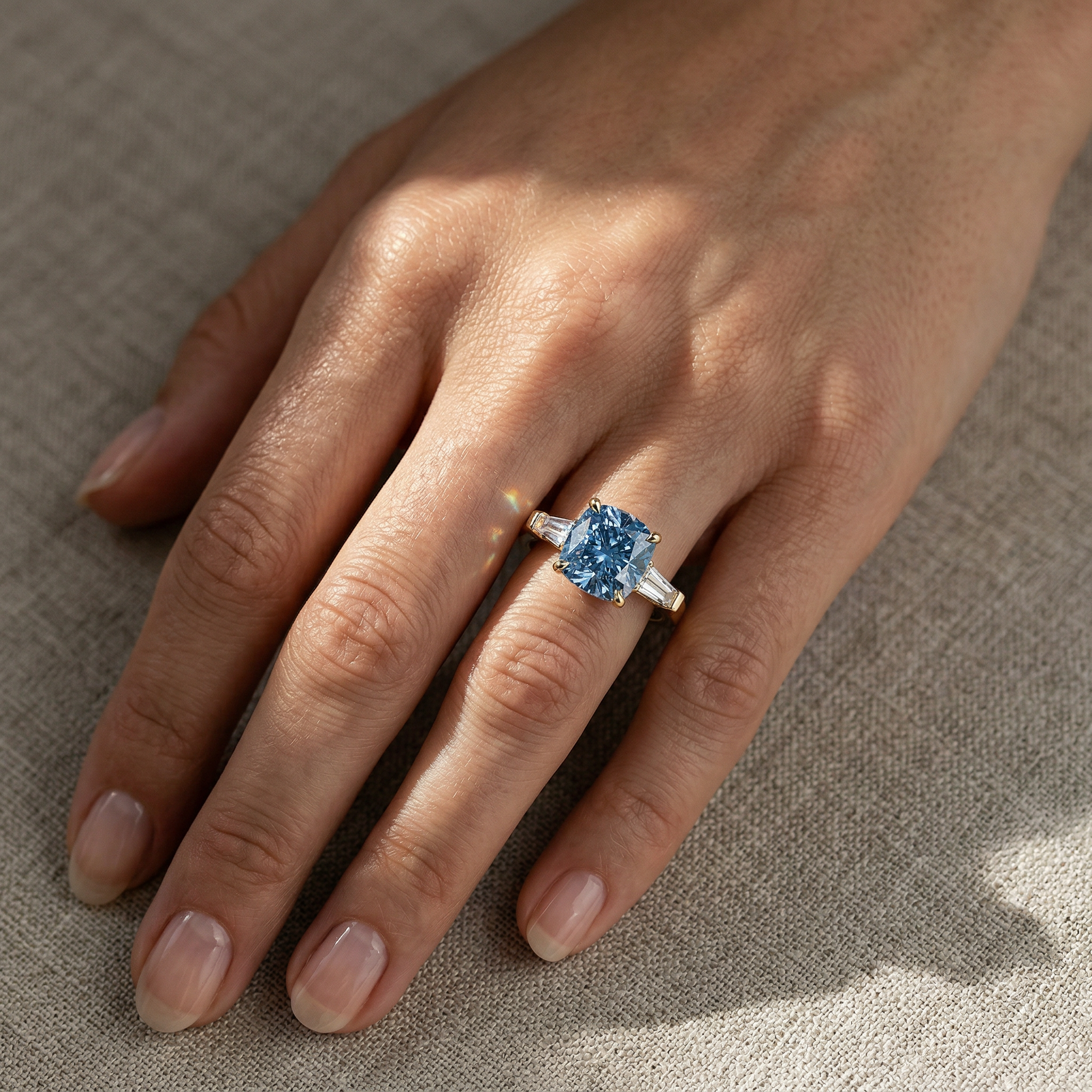 3.75 Carat Fancy Blue Cushion & Tapered Baguette Lab Grown Diamond Three Stone Engagement Ring