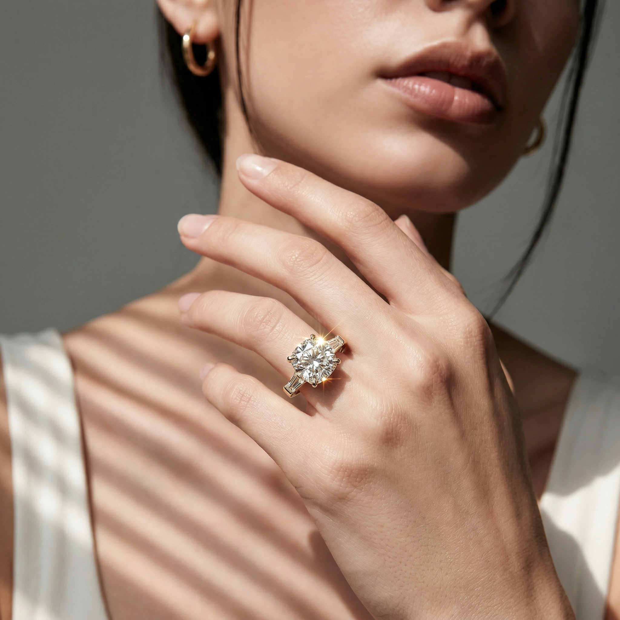 3.75 Carat E/VVS Cushion & Tapered Baguette Lab Grown Diamond Three Stone Engagement Ring