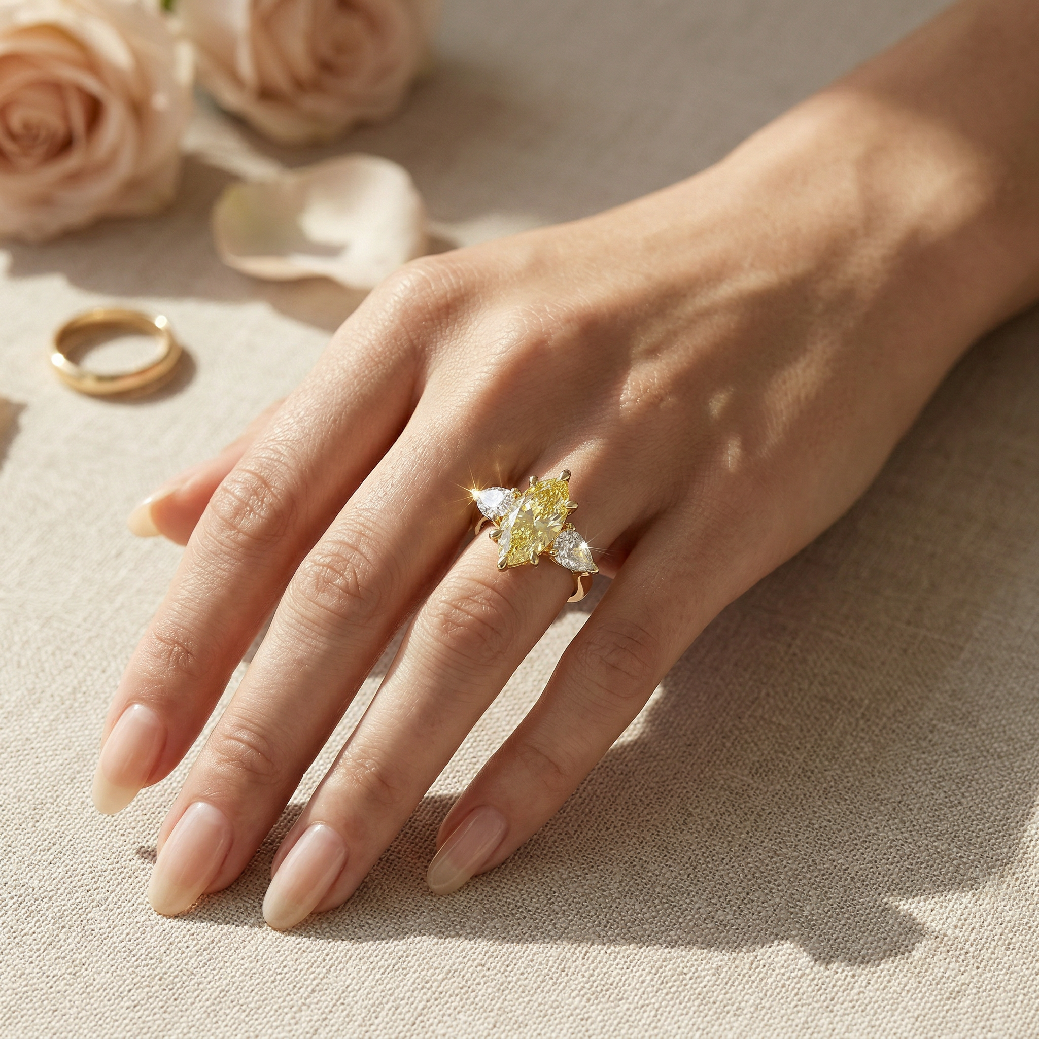 3 Carat Canary Yellow Marquise & Pear Cut Three Stone Lab Grown Diamond Engagement Ring