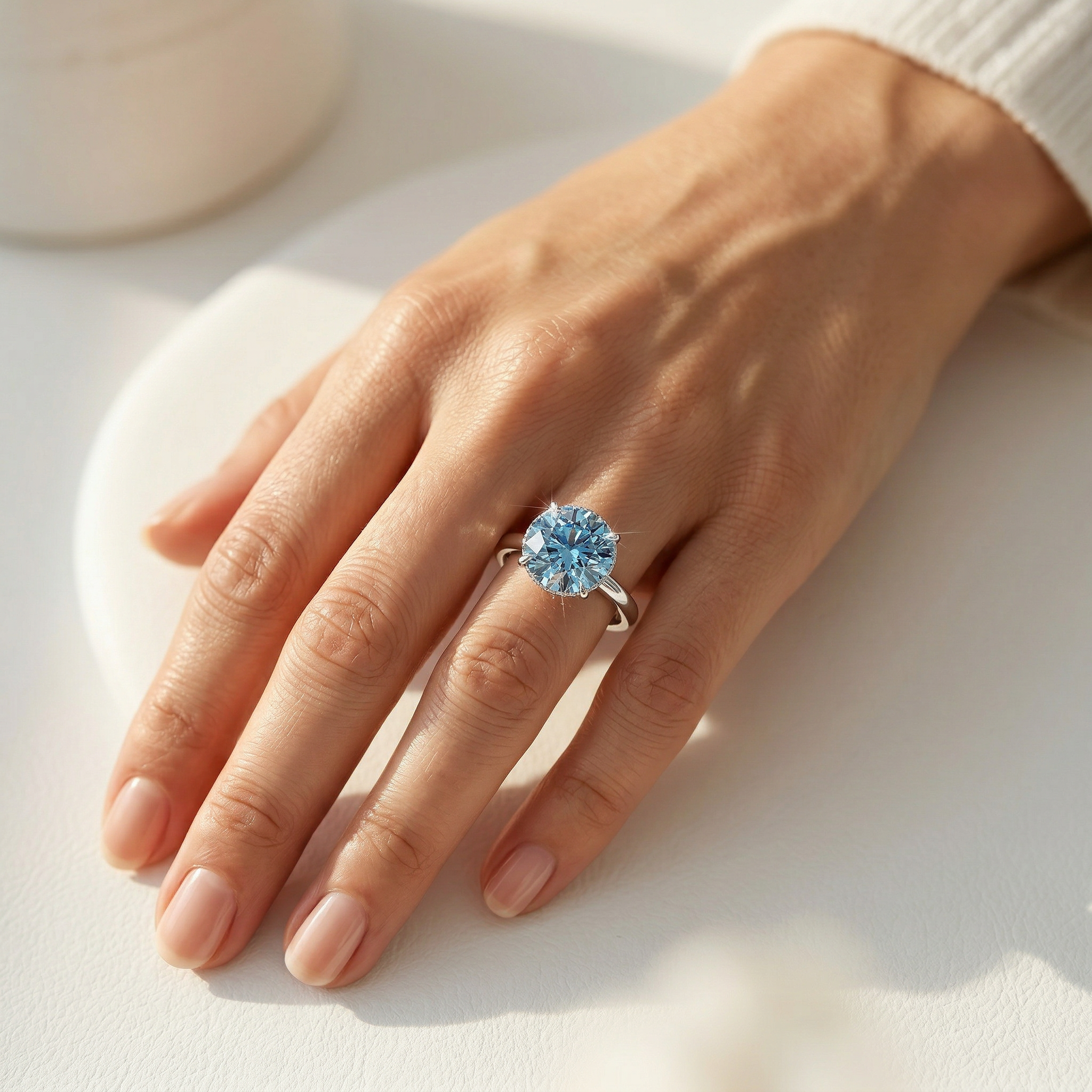 3ct Fancy Blue Round Cut Hidden Halo Lab Grown Diamond Engagement Ring