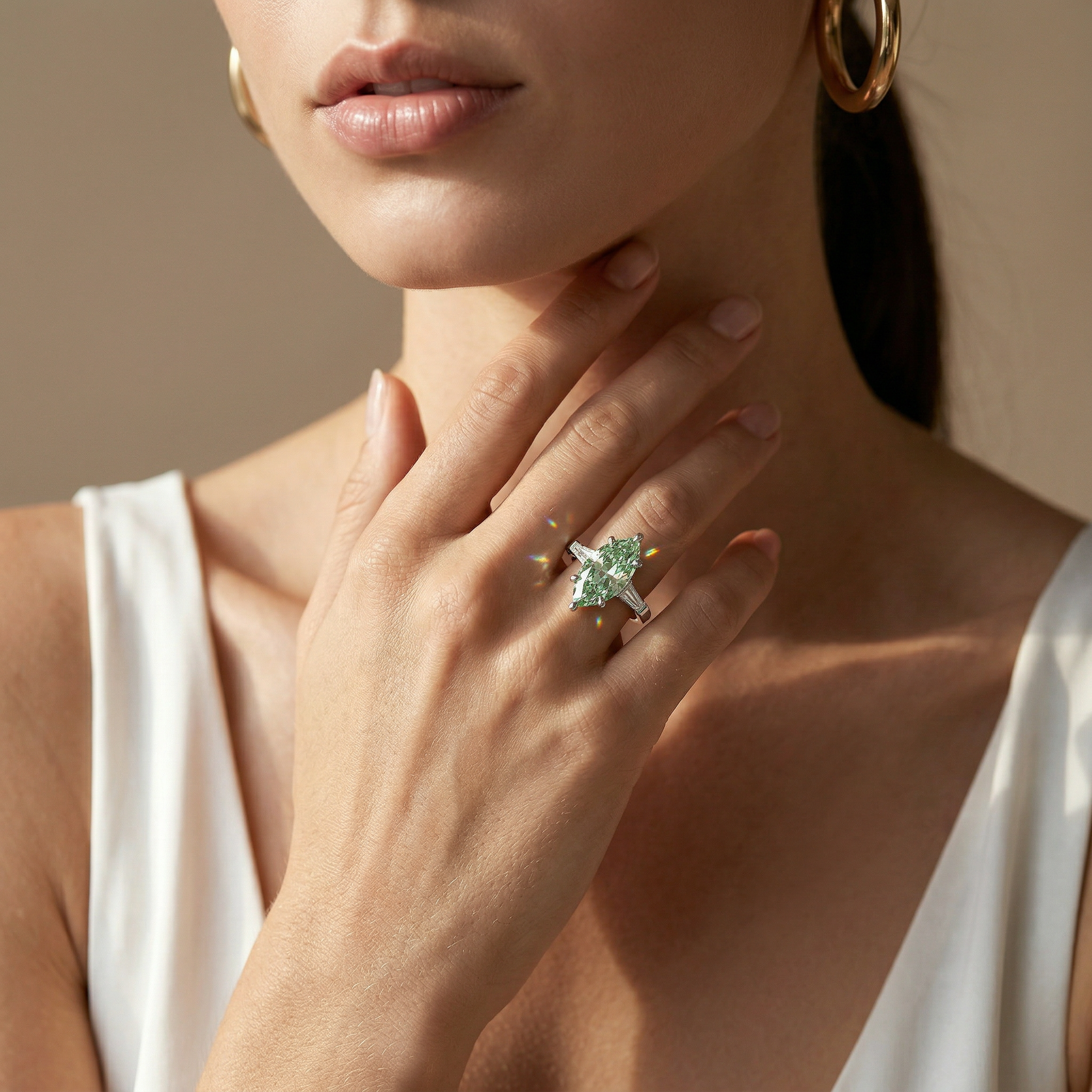 3.75 Carat Fancy Vivid Green Marquise & Tapered Baguette Lab Grown Diamond Three Stone Engagement Ring