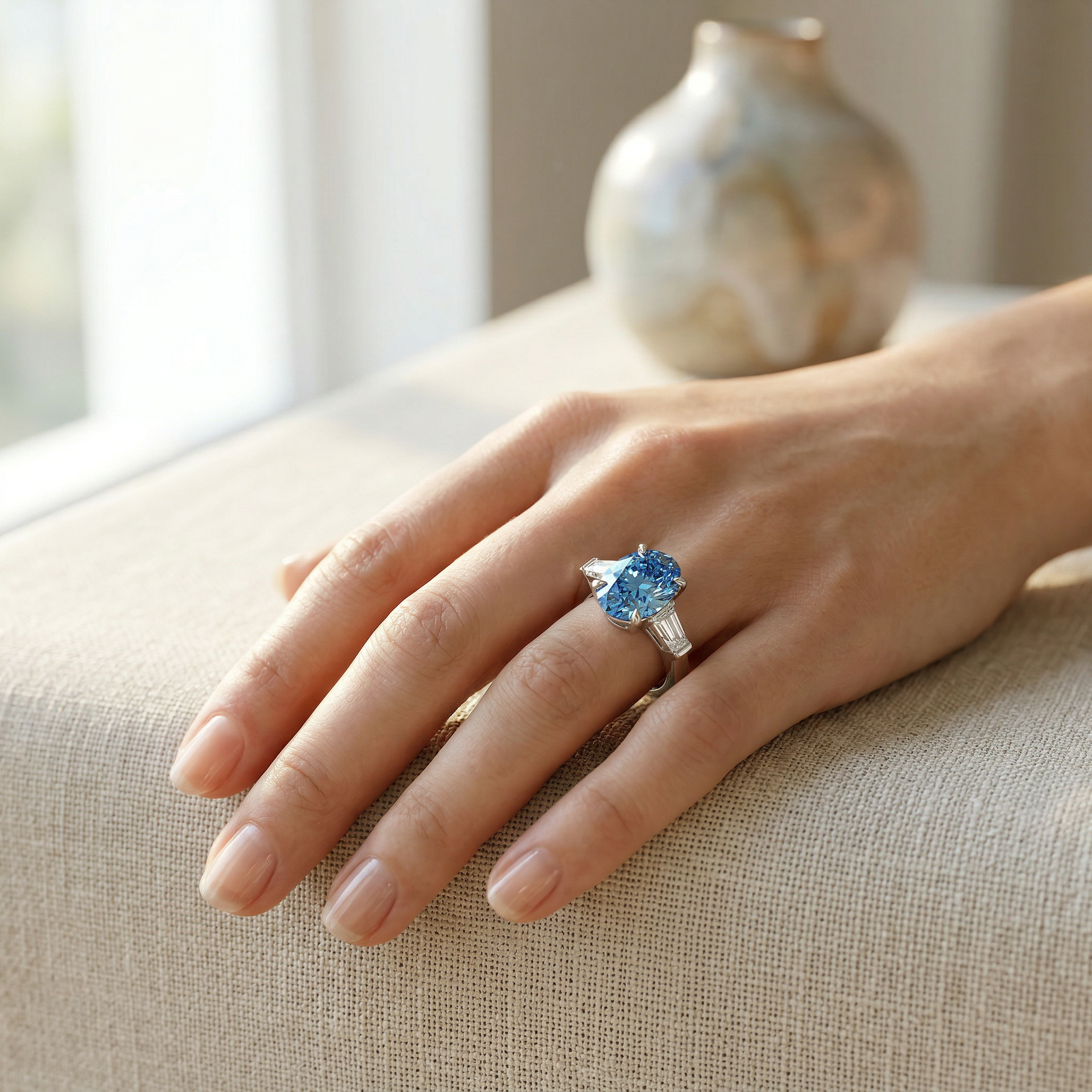 3.75 Carat Fancy Blue Oval & Tapered Baguette Lab Grown Diamond Three Stone Engagement Ring