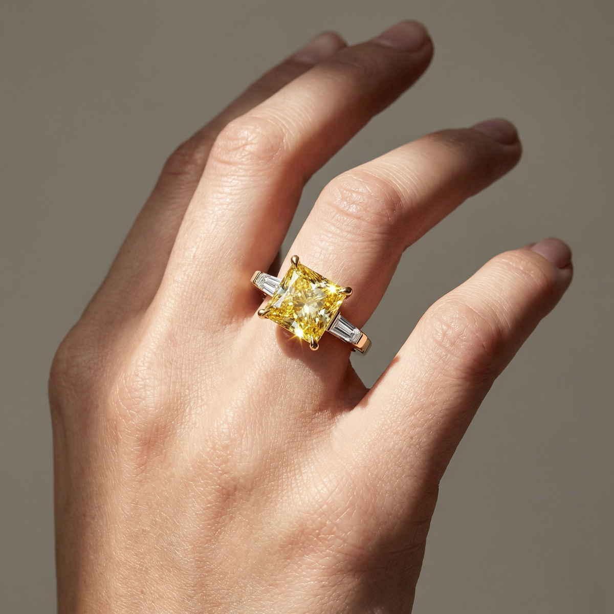 4ct Canary Yellow Princess & Tapered Baguette Three Stone Lab Diamond Ring - Alluring