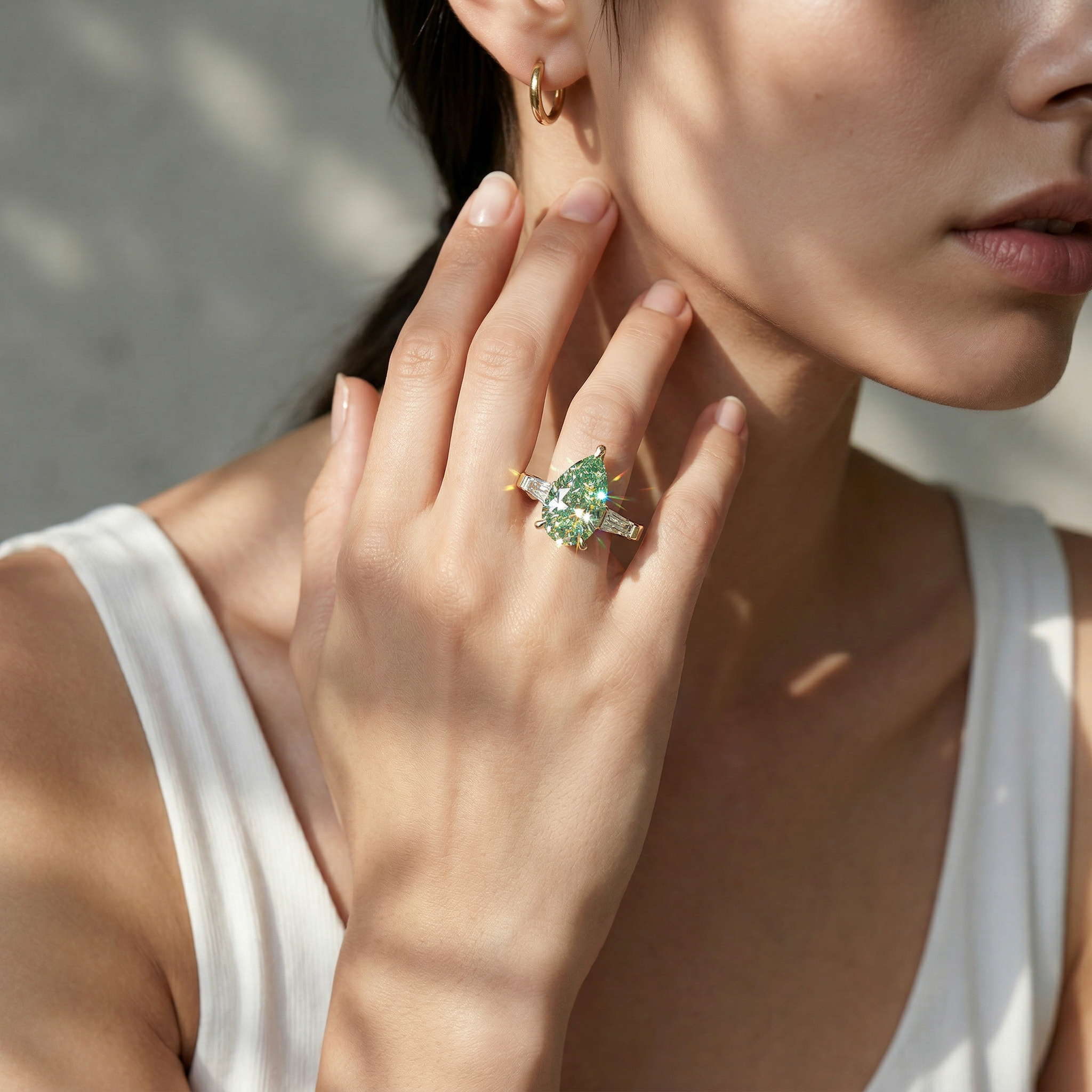 3.40ct Vivid Green Pear & Tapered Baguette Three Stone Lab Diamond Ring - Bella