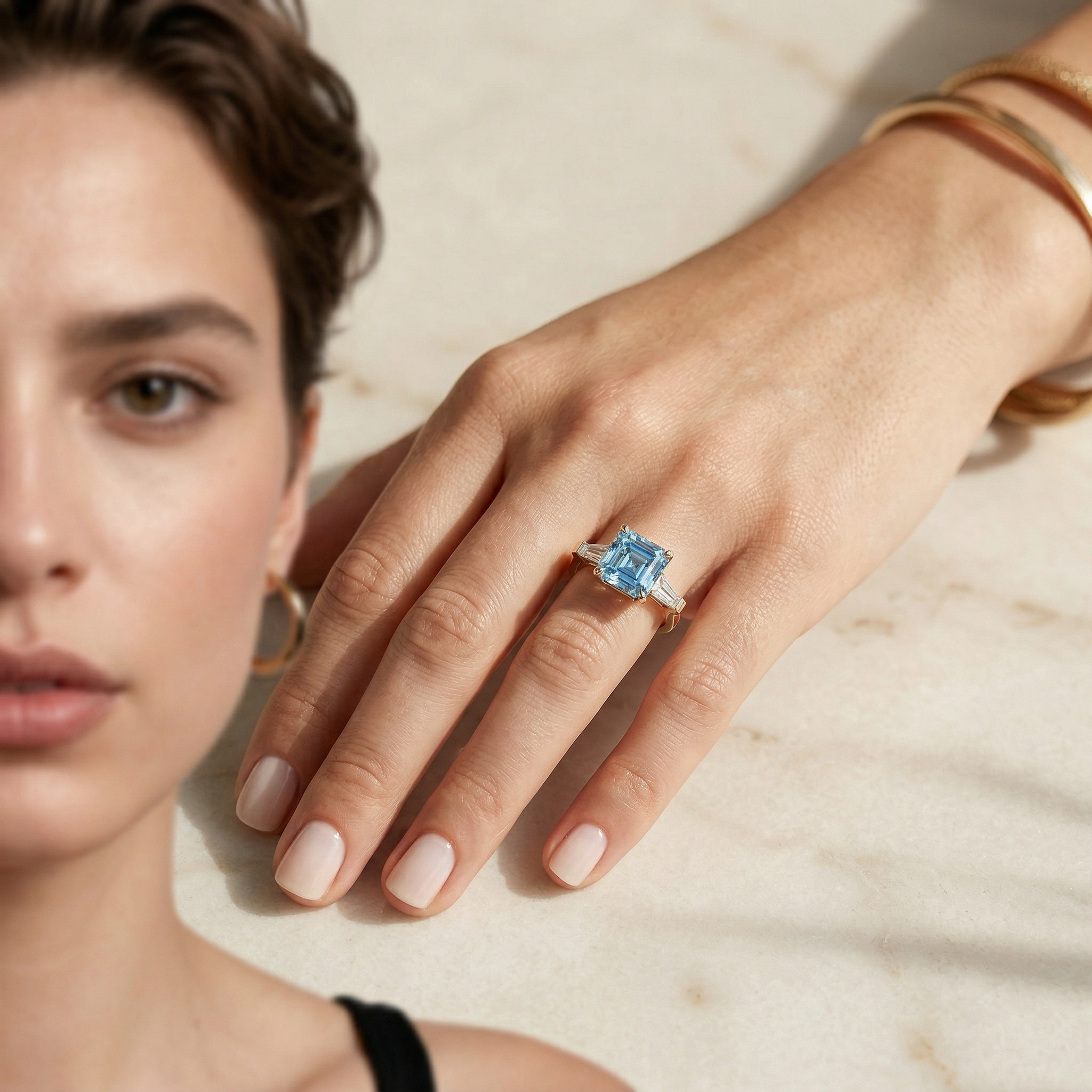 3.80ct Fancy Blue Asscher & Tapered Baguette Multi Stone Lab Diamond Ring - Brillante