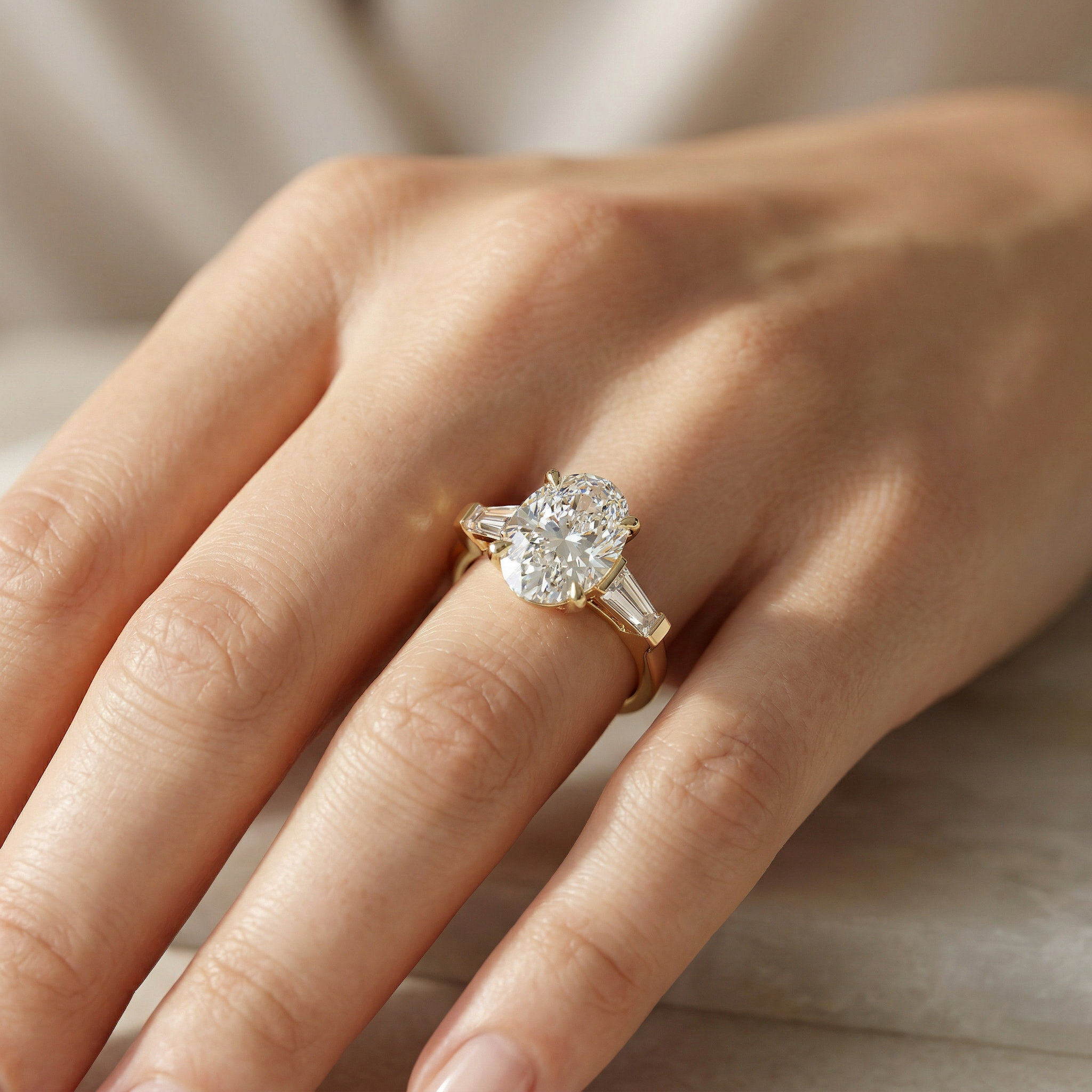 3.75 Carat E/VVS Oval & Tapered Baguette Lab Grown Diamond Three Stone Engagement Ring
