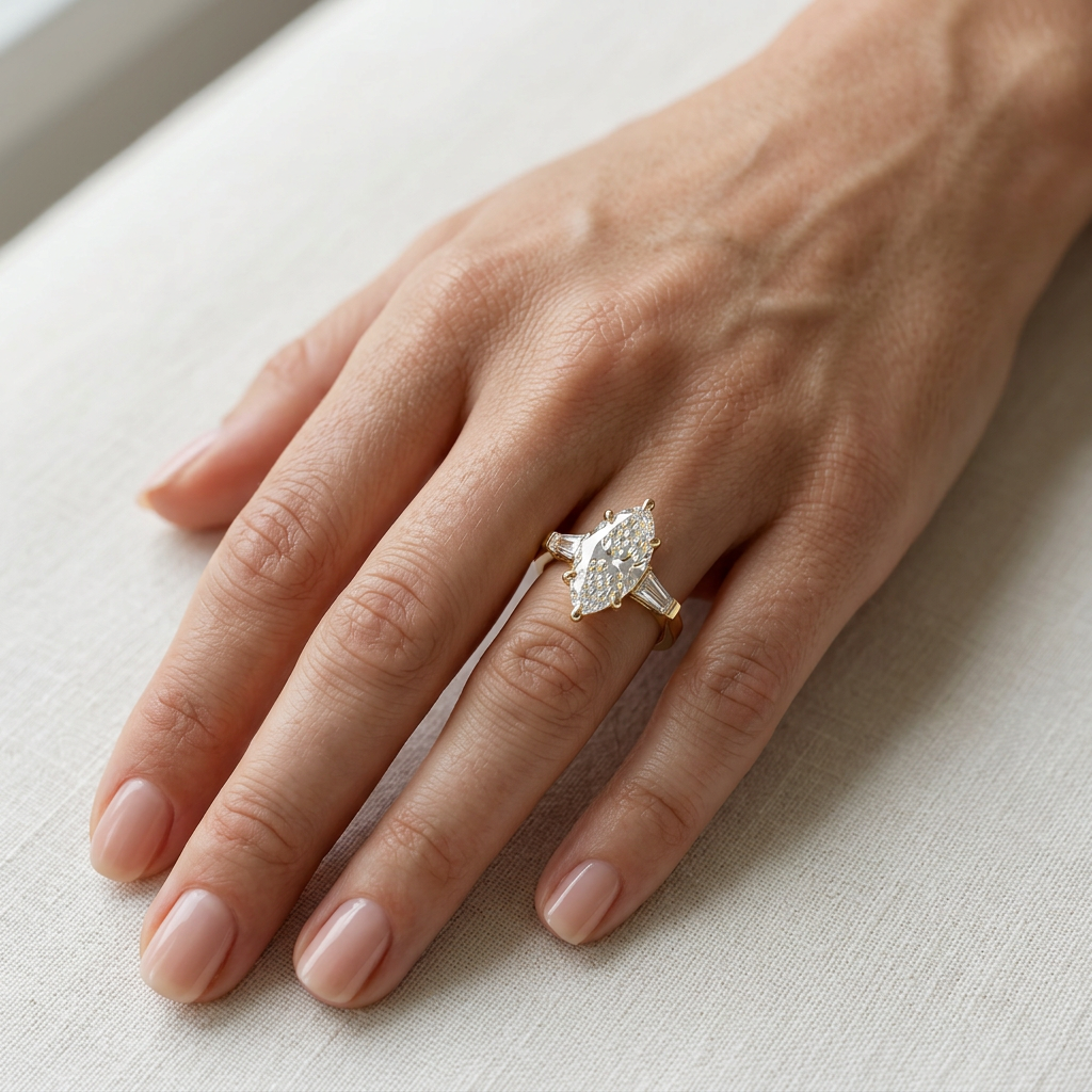 3.75 Carat E/VVS Marquise & Tapered Baguette Lab Grown Diamond Three Stone Engagement Ring