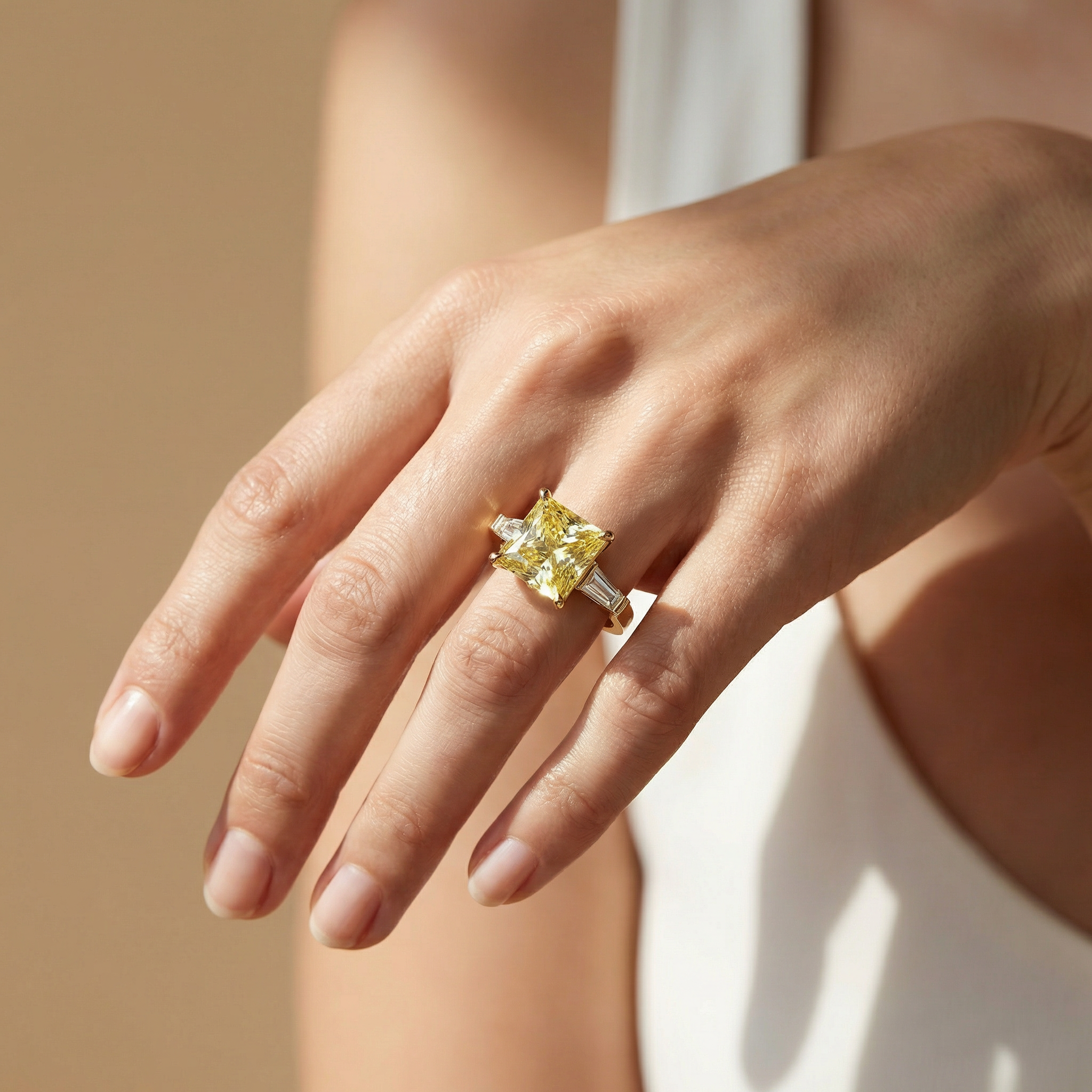 4ct Canary Yellow Princess & Tapered Baguette Three Stone Lab Diamond Ring - Alluring