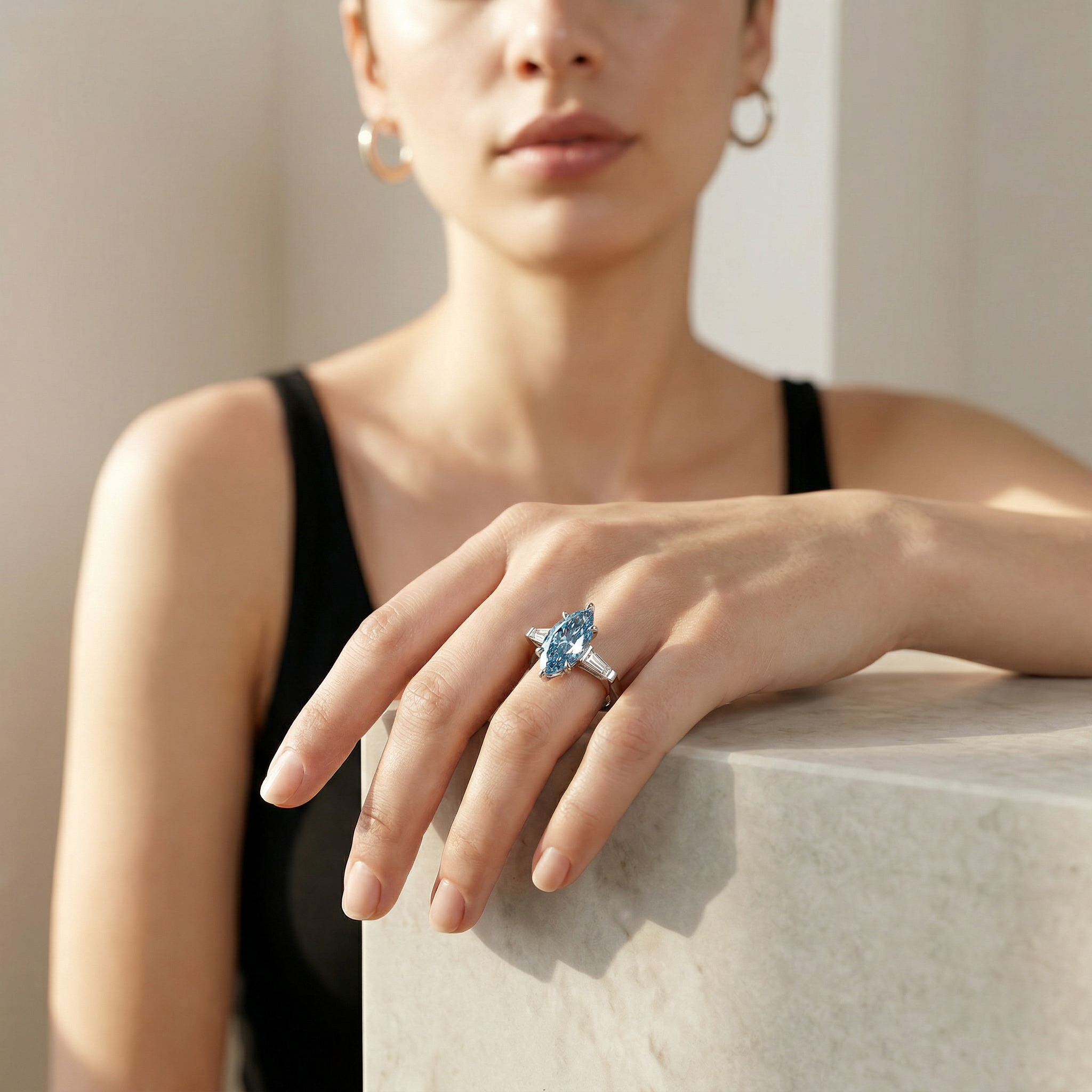 3.75 Carat Fancy Blue Marquise & Tapered Baguette Lab Grown Diamond Three Stone Engagement Ring