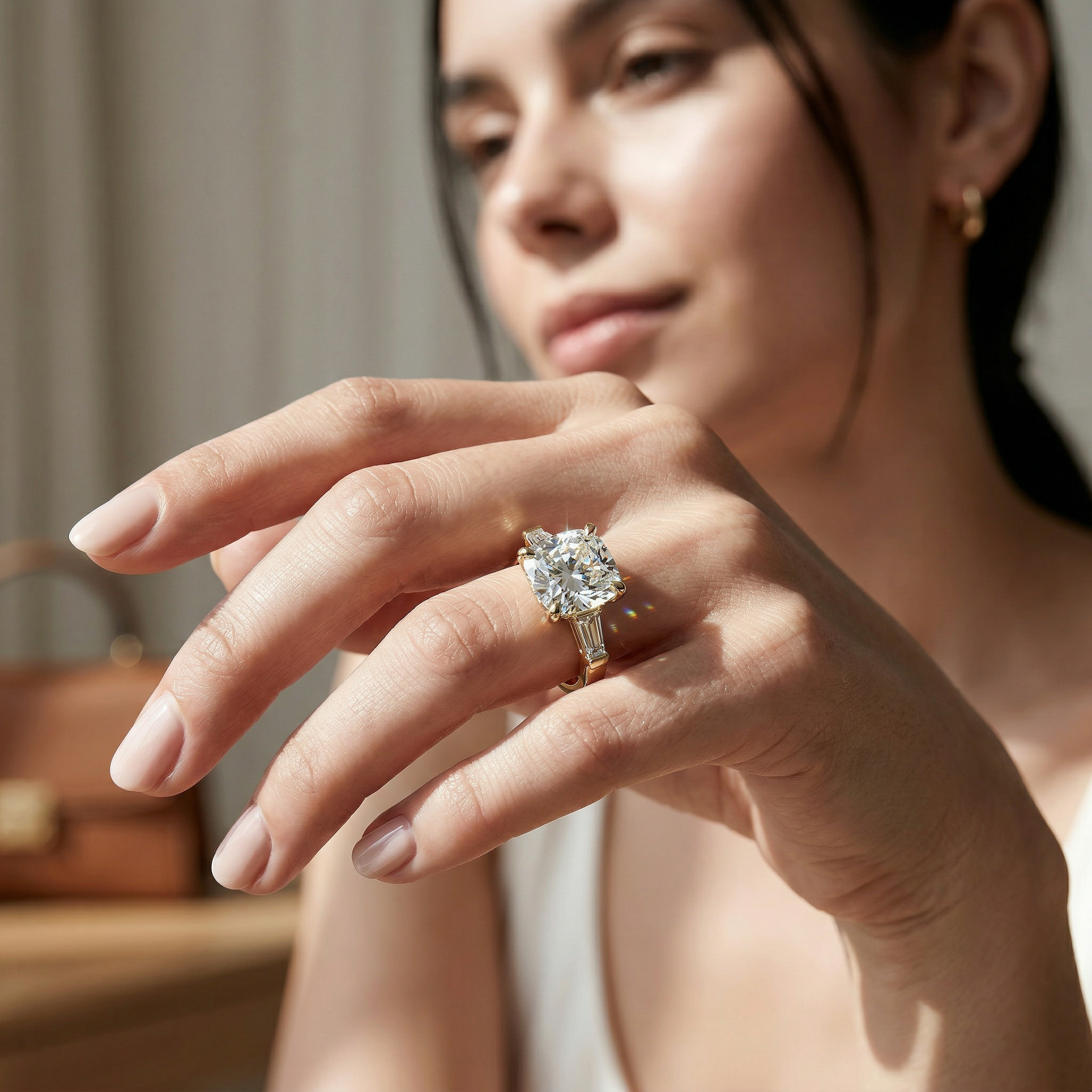 3.75 Carat E/VVS Cushion & Tapered Baguette Lab Grown Diamond Three Stone Engagement Ring