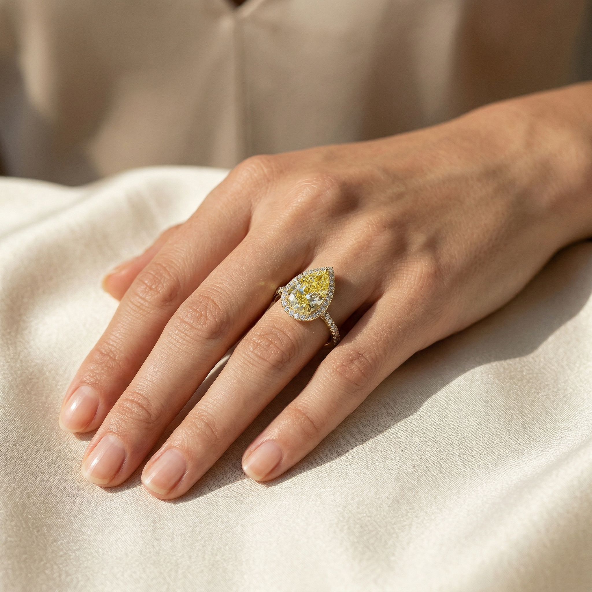 3ct Canary Yellow Pear Cut Halo & Pave Lab Grown Diamond Engagement Ring - Madona