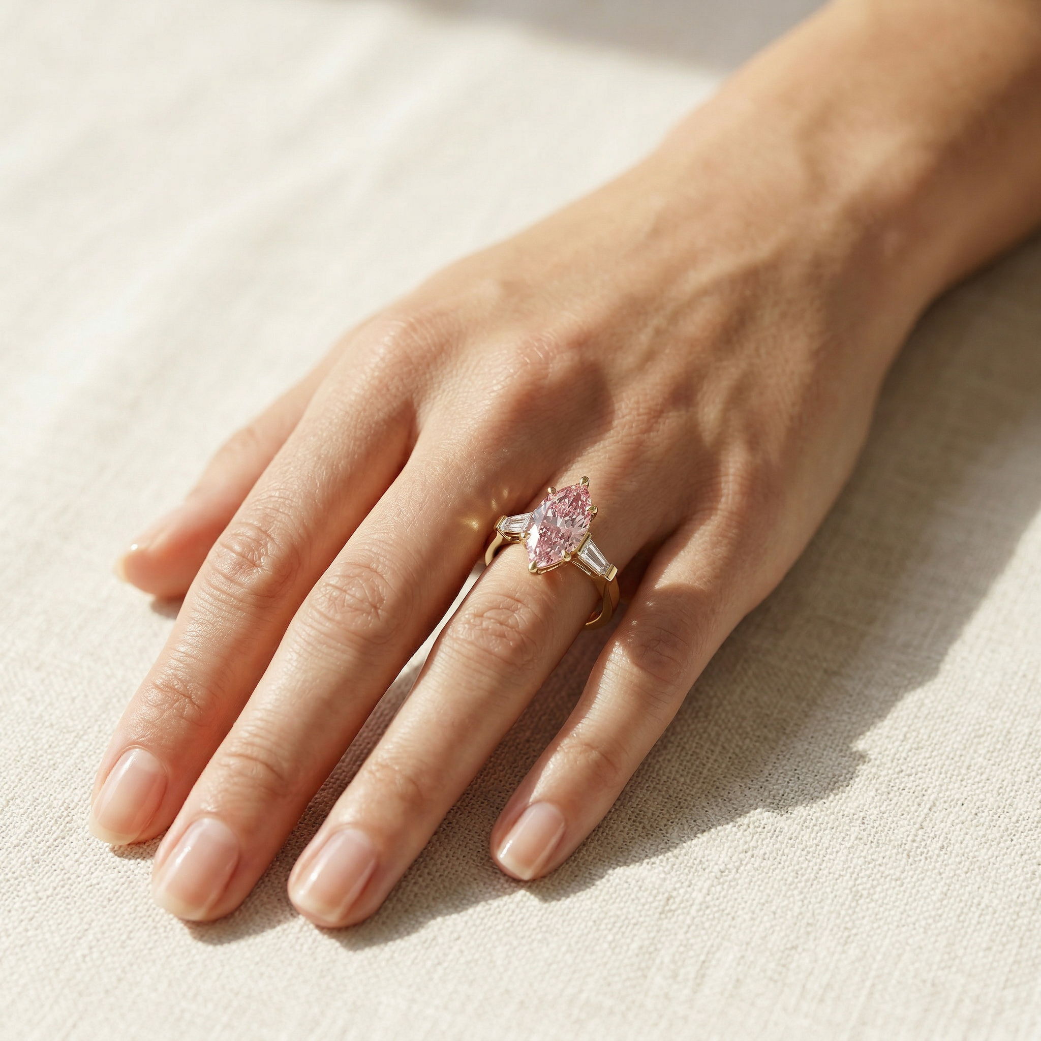 3.75 Carat Fancy Pink Marquise & Tapered Baguette Lab Grown Diamond Three Stone Engagement Ring