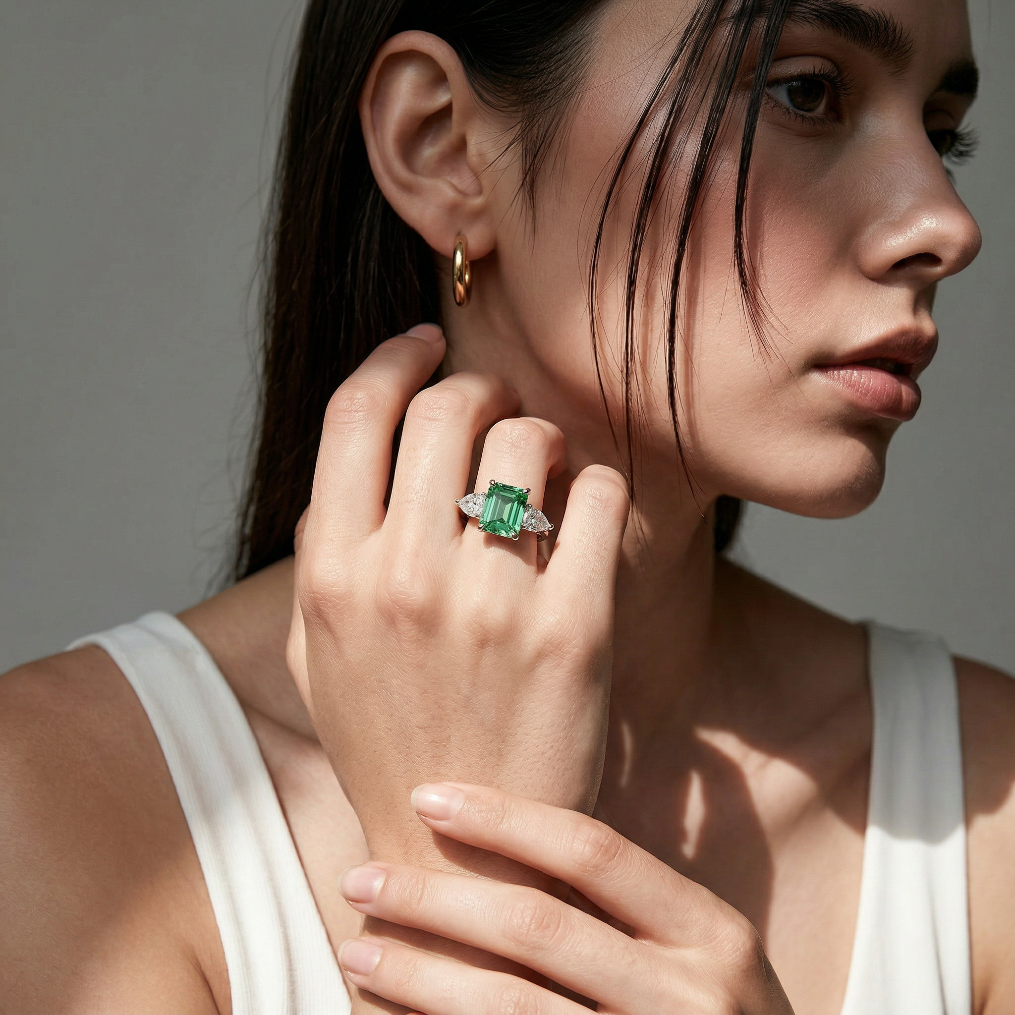 4 Carat Fancy Green Emerald & Pear Cut Three Stone Lab Grown Diamond Engagement Ring