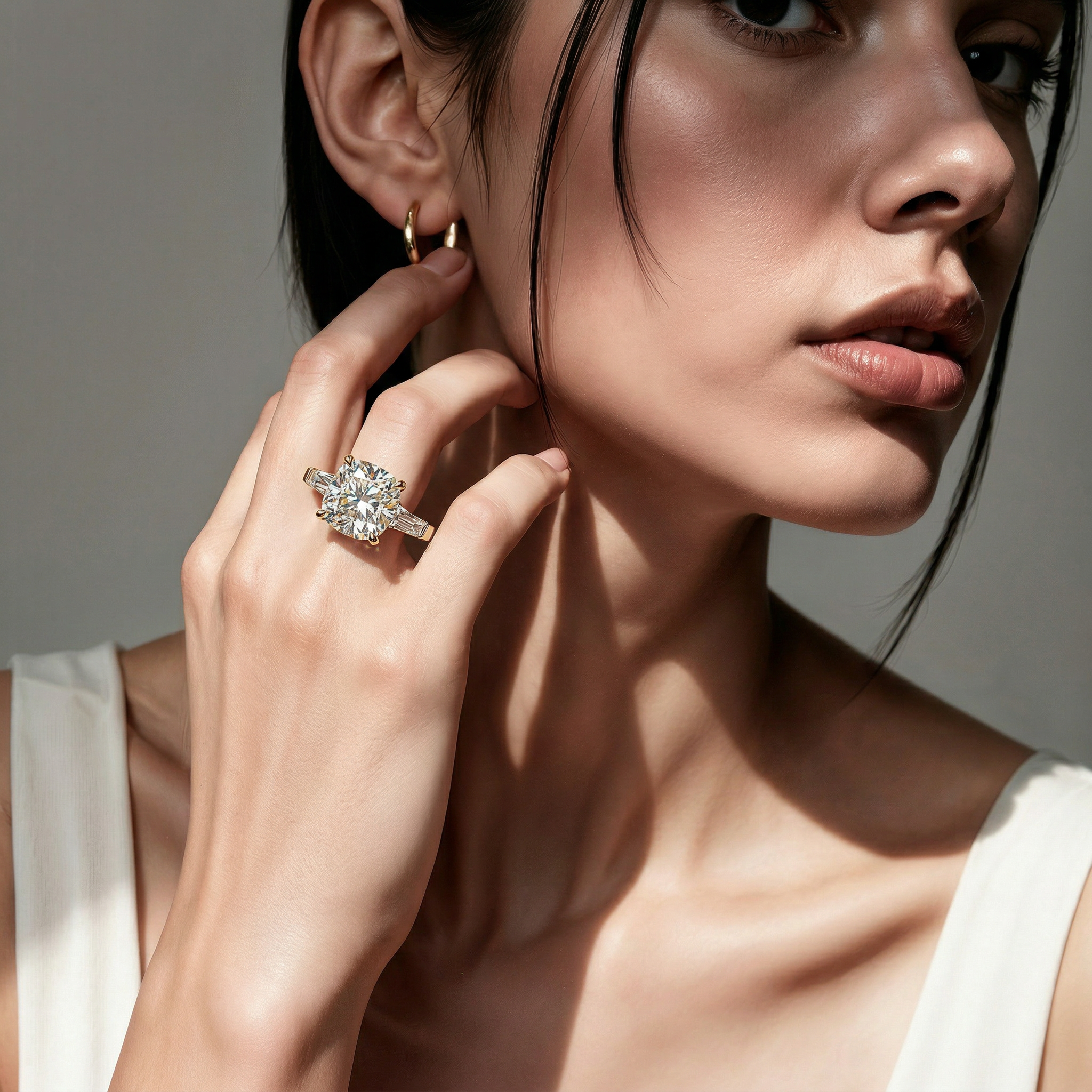 3.75 Carat E/VVS Cushion & Tapered Baguette Lab Grown Diamond Three Stone Engagement Ring