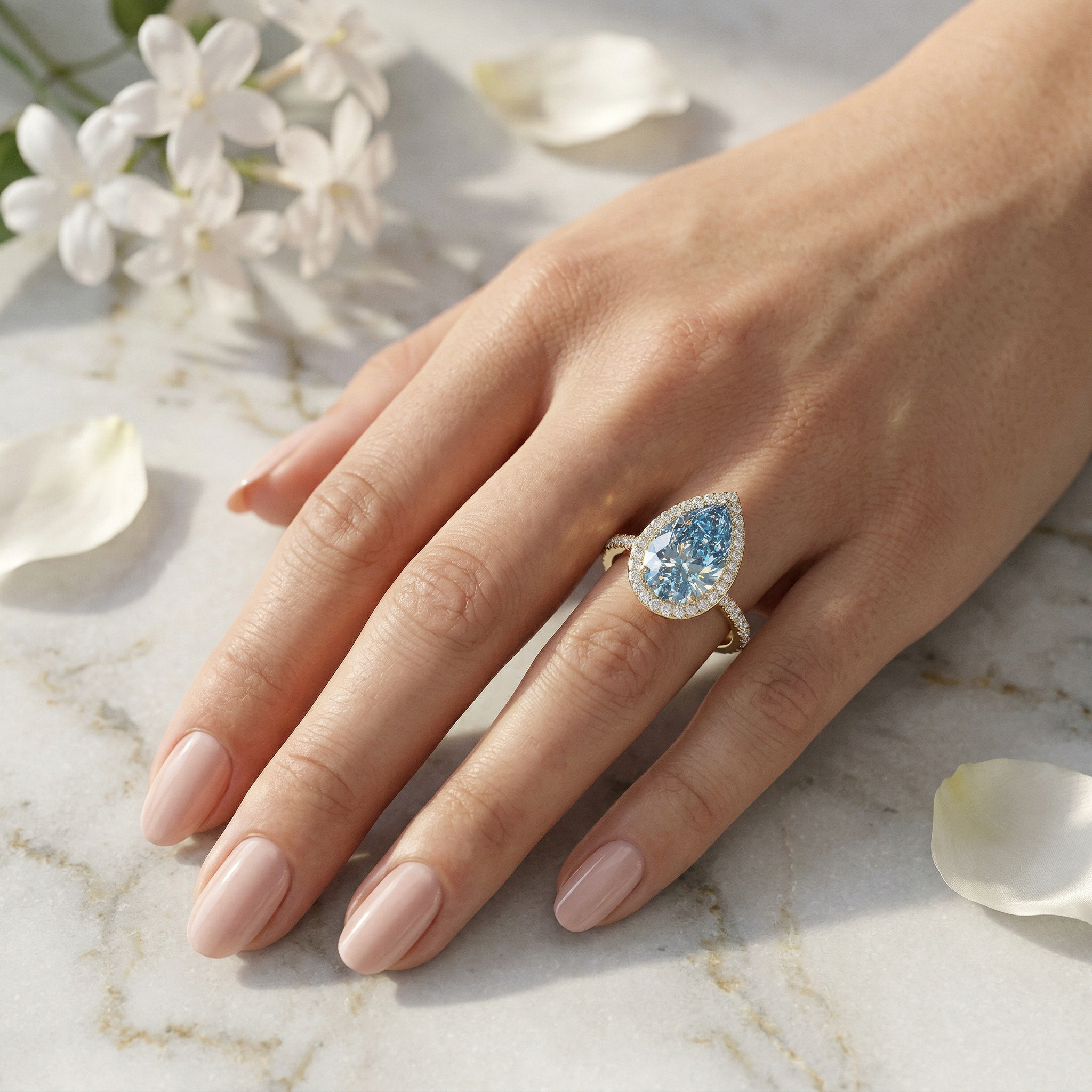 3ct Fancy Blue Pear Cut Halo & Pave Lab Grown Diamond Engagement Ring - Madona