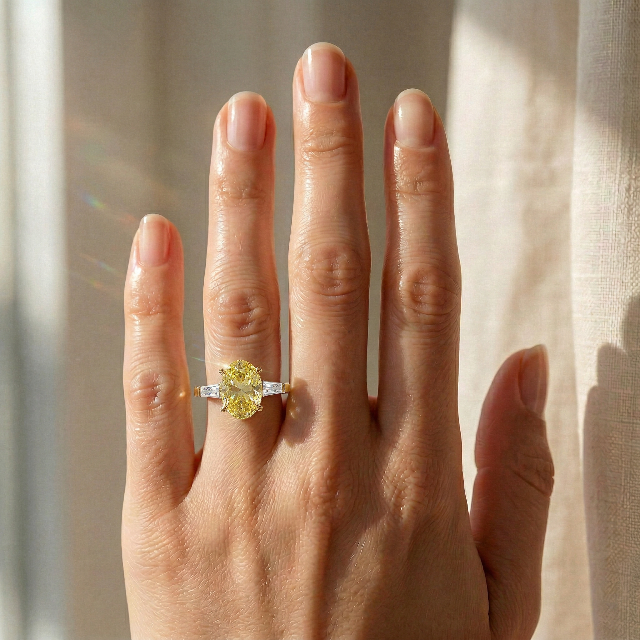 3.75 Carat Canary Yellow Oval & Tapered Baguette Lab Grown Diamond Three Stone Engagement Ring