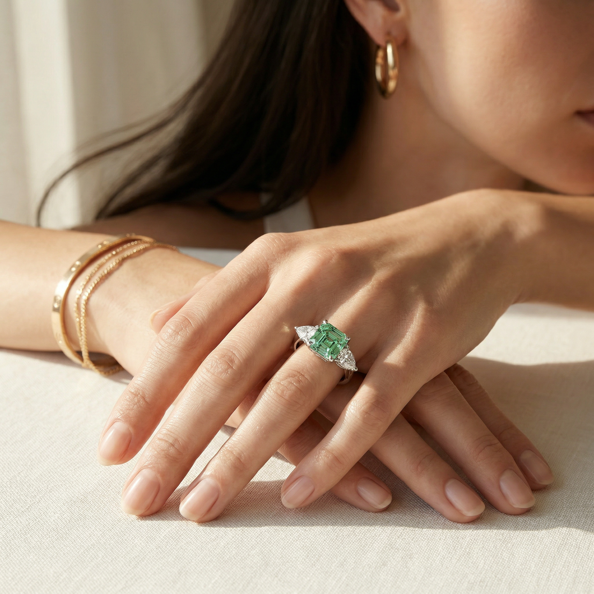 4 Carat Fancy Green Asscher Cut Three Stone Lab Grown Diamond Engagement Ring