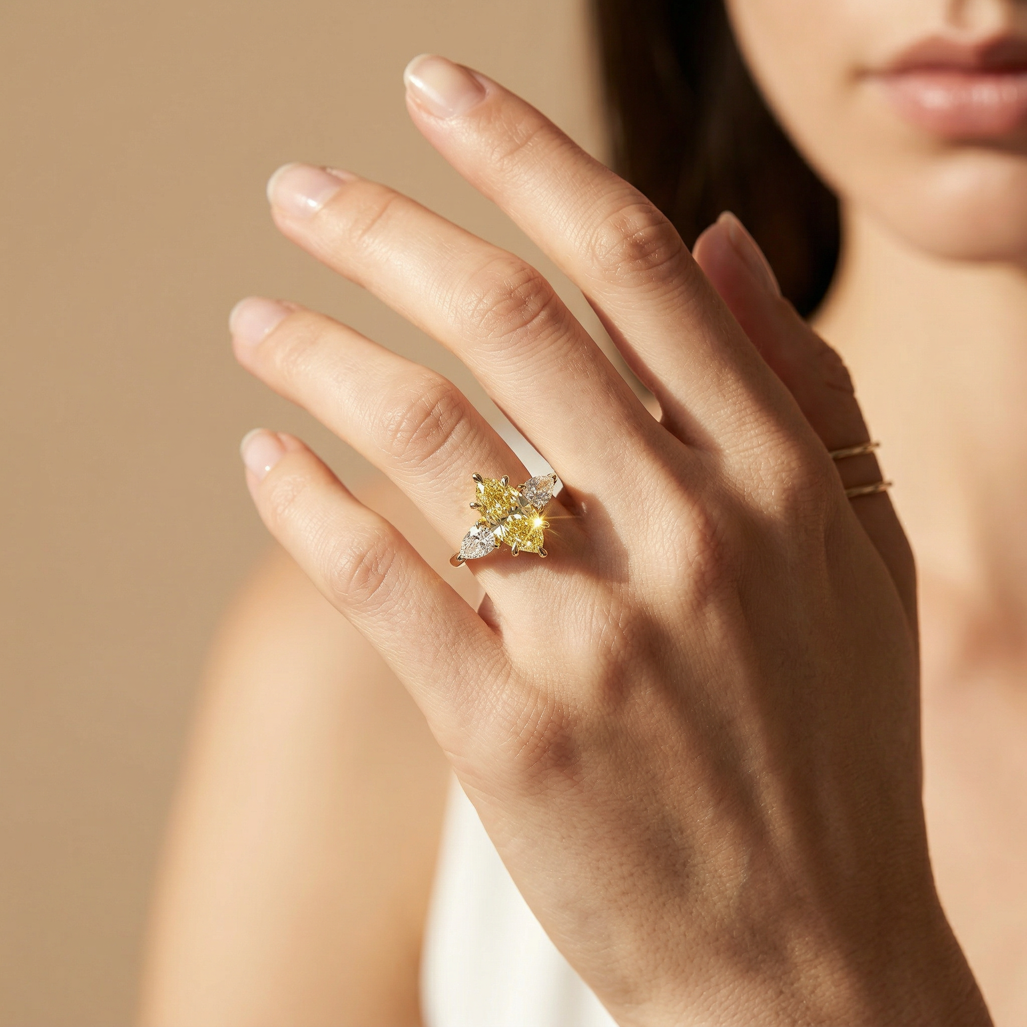 3 Carat Canary Yellow Marquise & Pear Cut Three Stone Lab Grown Diamond Engagement Ring