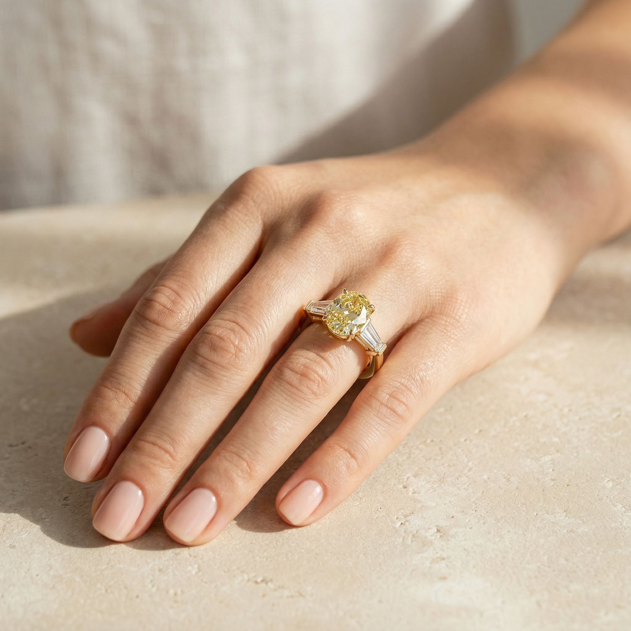 3.75 Carat Canary Yellow Oval & Tapered Baguette Lab Grown Diamond Three Stone Engagement Ring