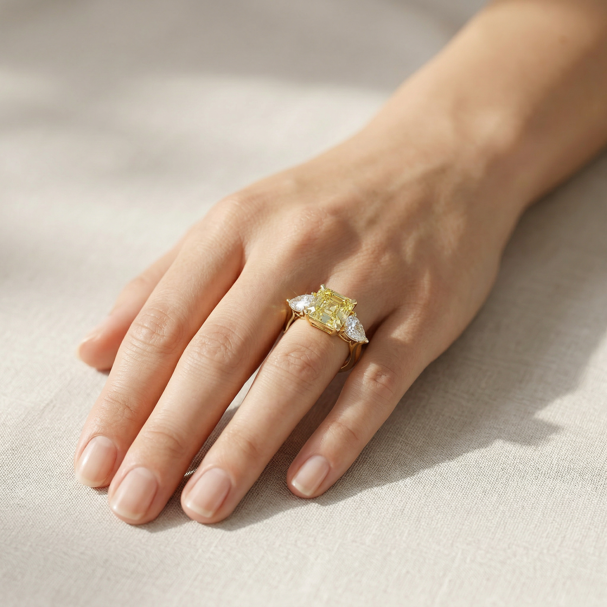 4 Carat Canary Yellow Asscher Cut Three Stone Lab Grown Diamond Engagement Ring