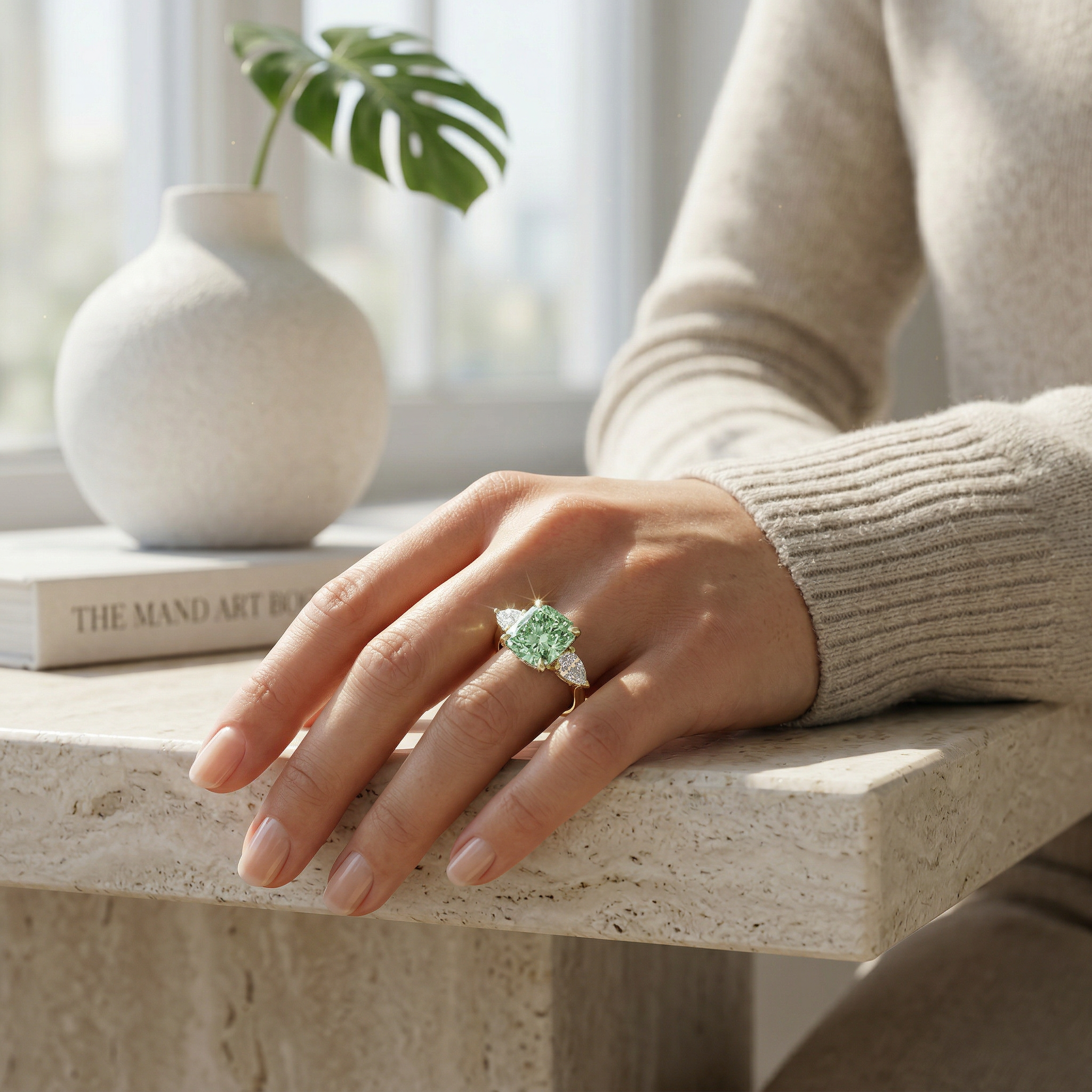 4 Carat Fancy Green Cushion & Pear Cut Three Stone Lab Grown Diamond Engagement Ring