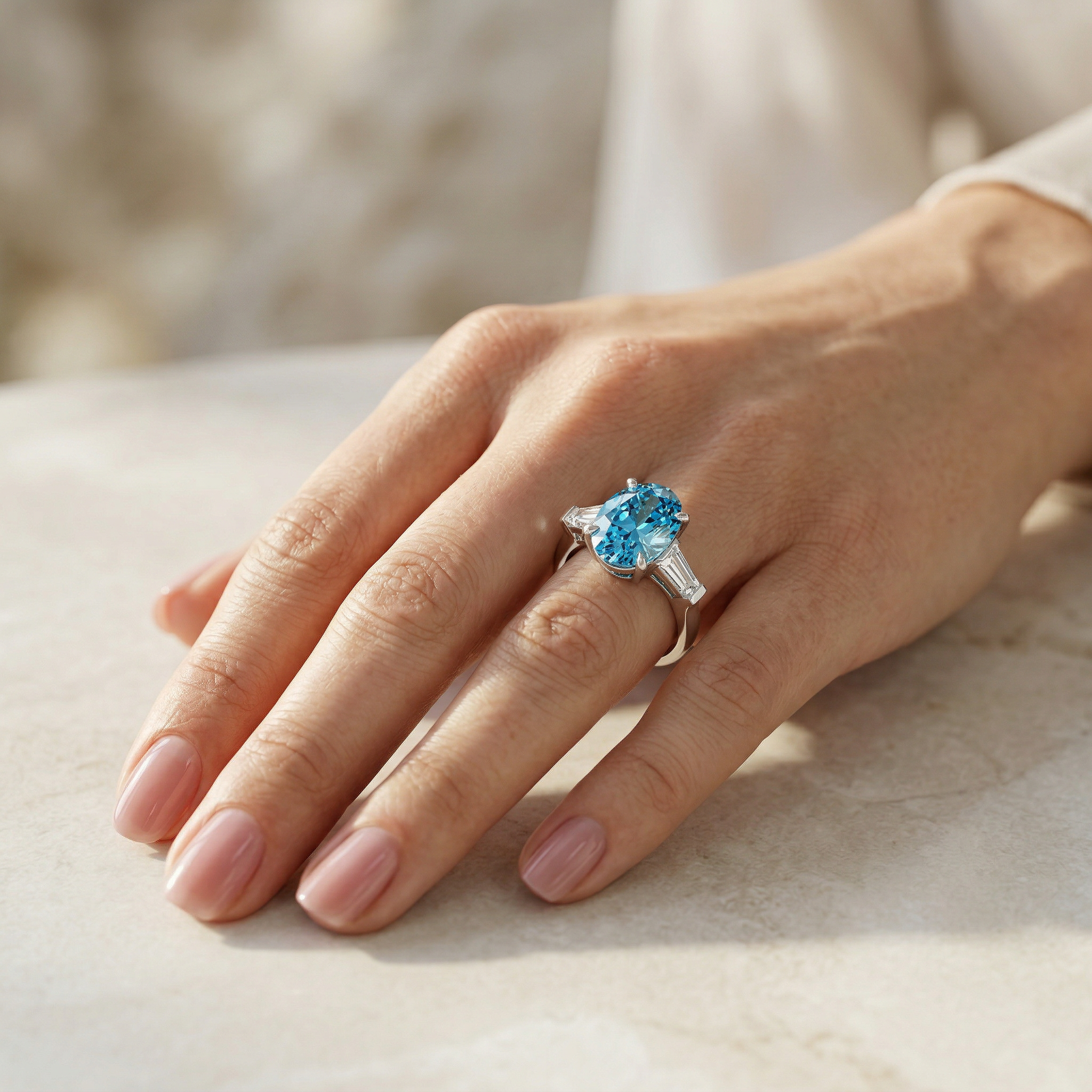 3.75 Carat Fancy Blue Oval & Tapered Baguette Lab Grown Diamond Three Stone Engagement Ring