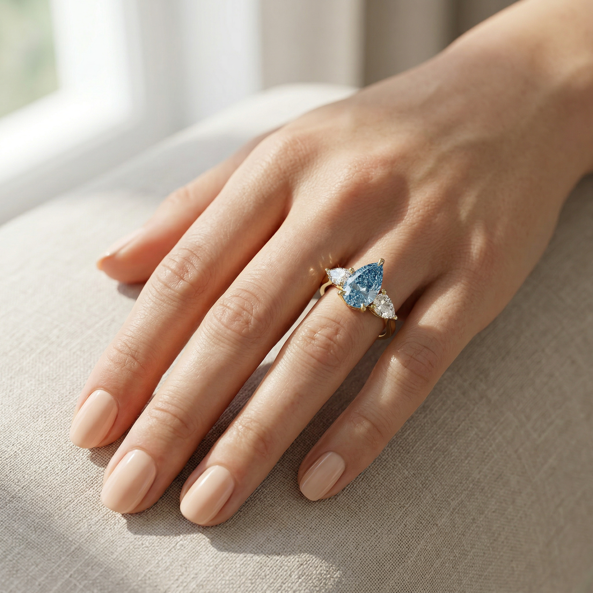 4 Carat Fancy Blue Pear Cut Three Stone Lab Grown Diamond Engagement Ring
