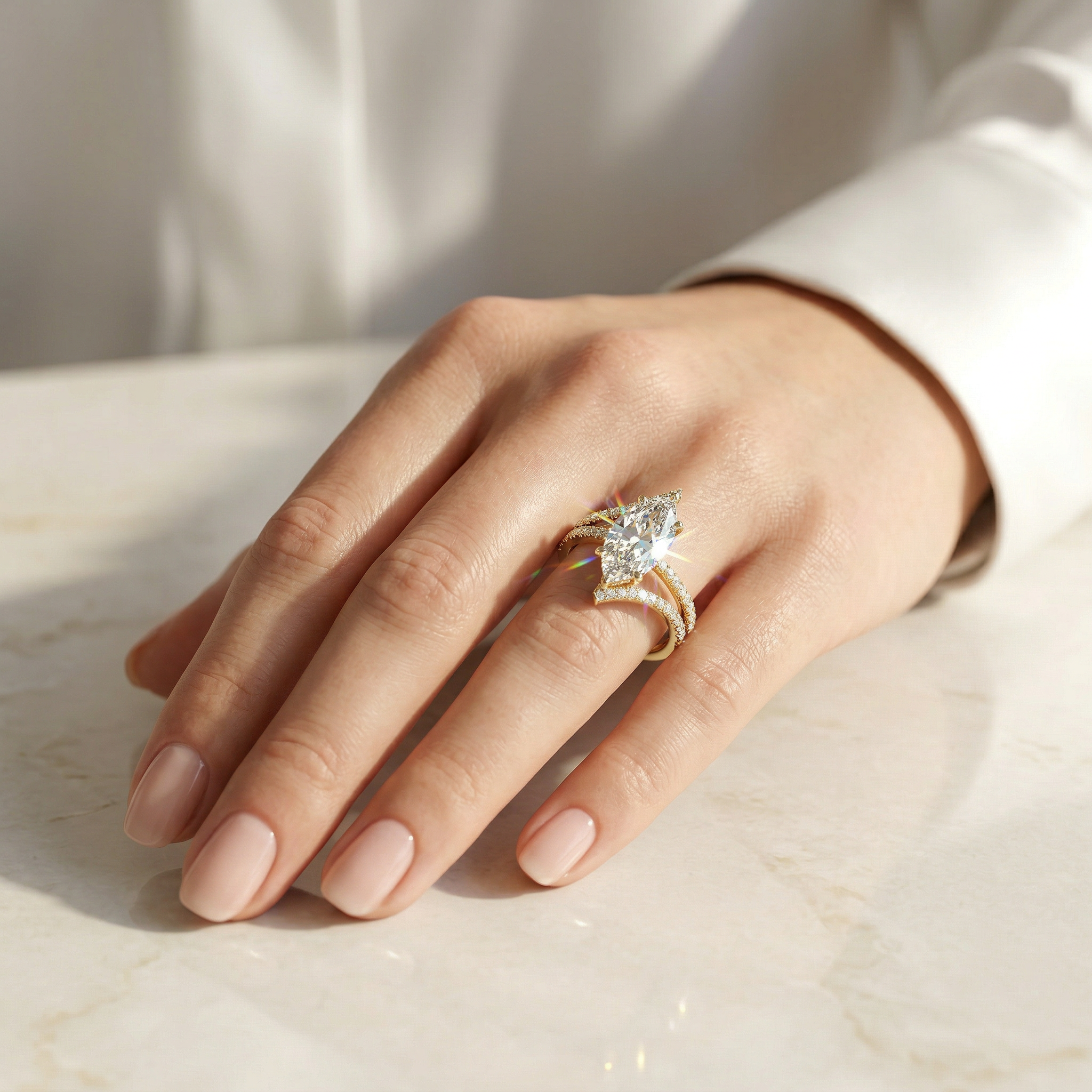 3ct E VVS Marquise Cut Double Pave Lab Grown Diamond Engagement Ring