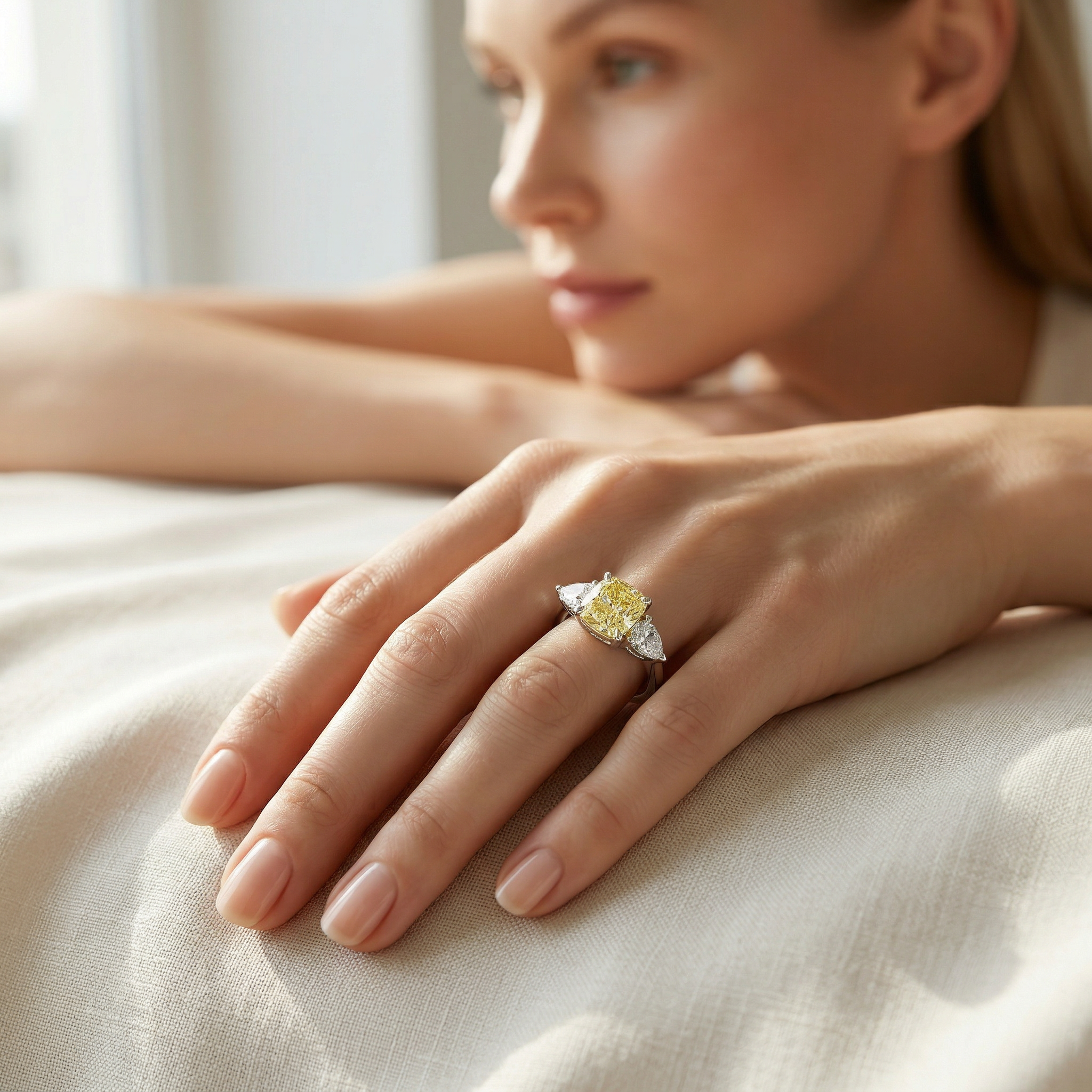 4 Carat Fancy Yellow Cushion & Pear Cut Three Stone Lab Grown Diamond Engagement Ring