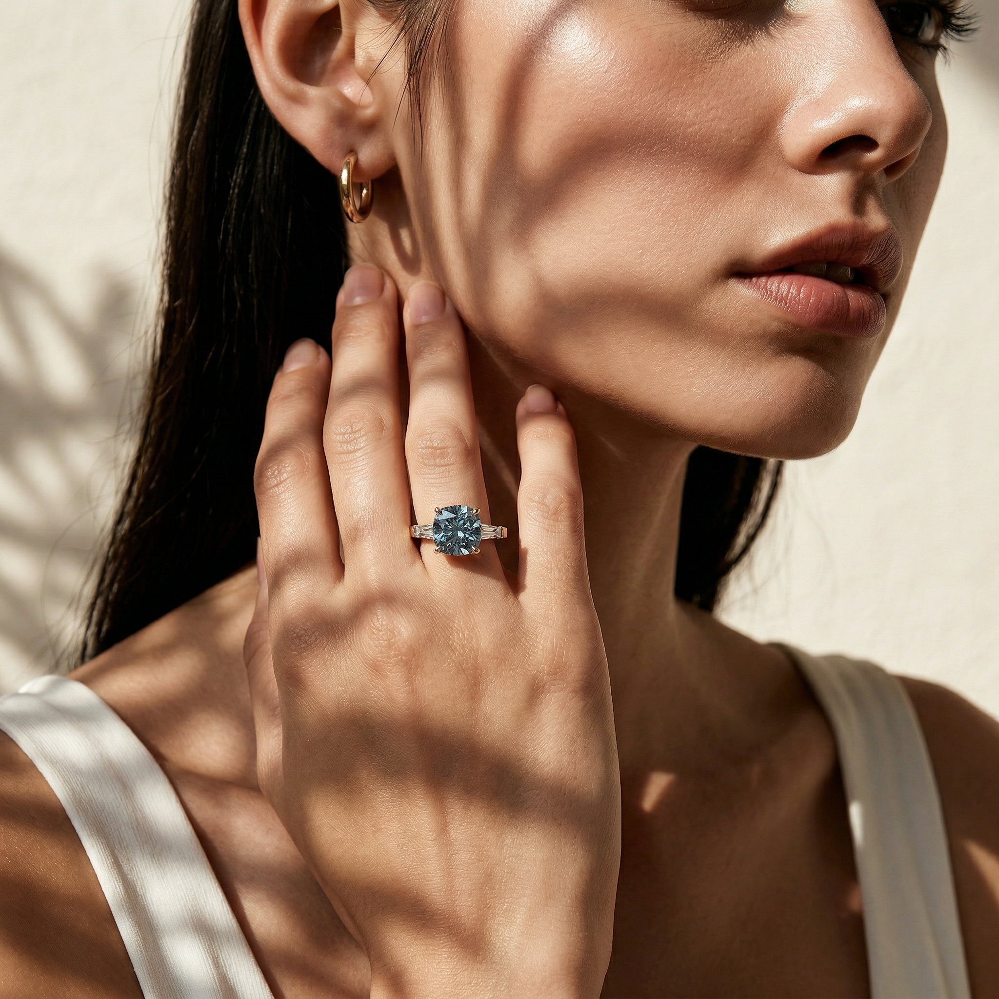 3.75 Carat Fancy Blue Cushion & Tapered Baguette Lab Grown Diamond Three Stone Engagement Ring