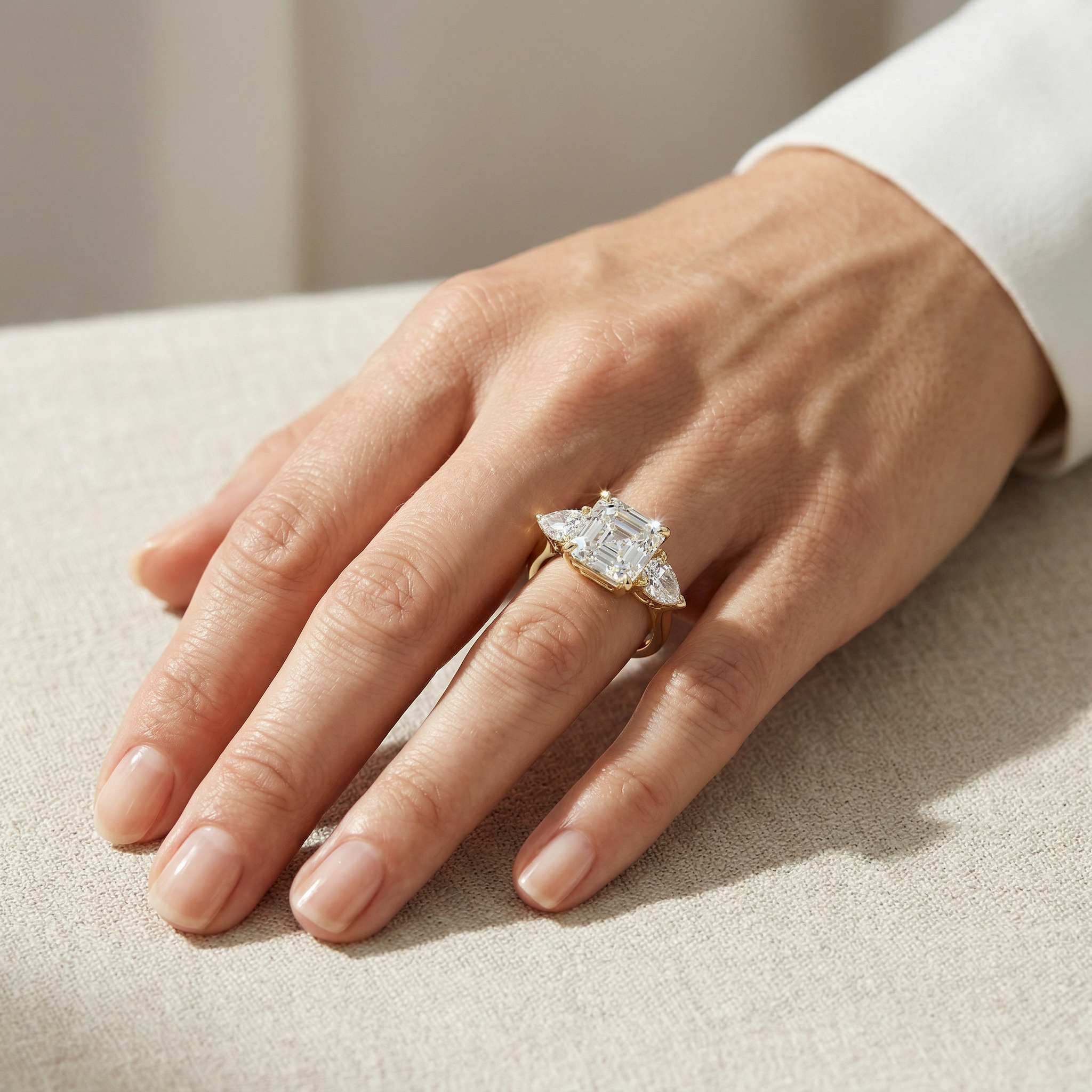 4 Carat E/VVS Asscher Cut Three Stone Lab Grown Diamond Engagement Ring