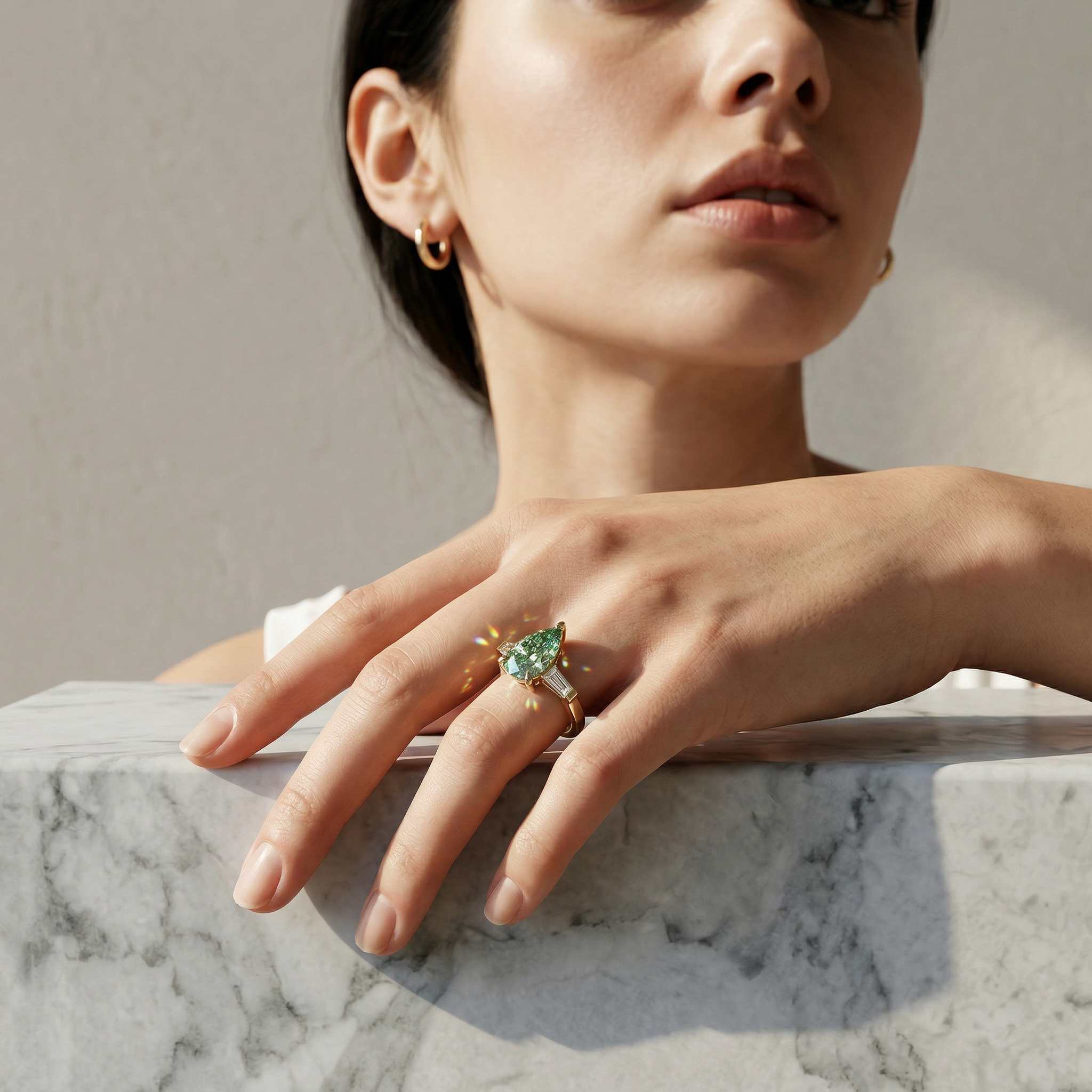 3.40ct Vivid Green Pear & Tapered Baguette Three Stone Lab Diamond Ring - Bella