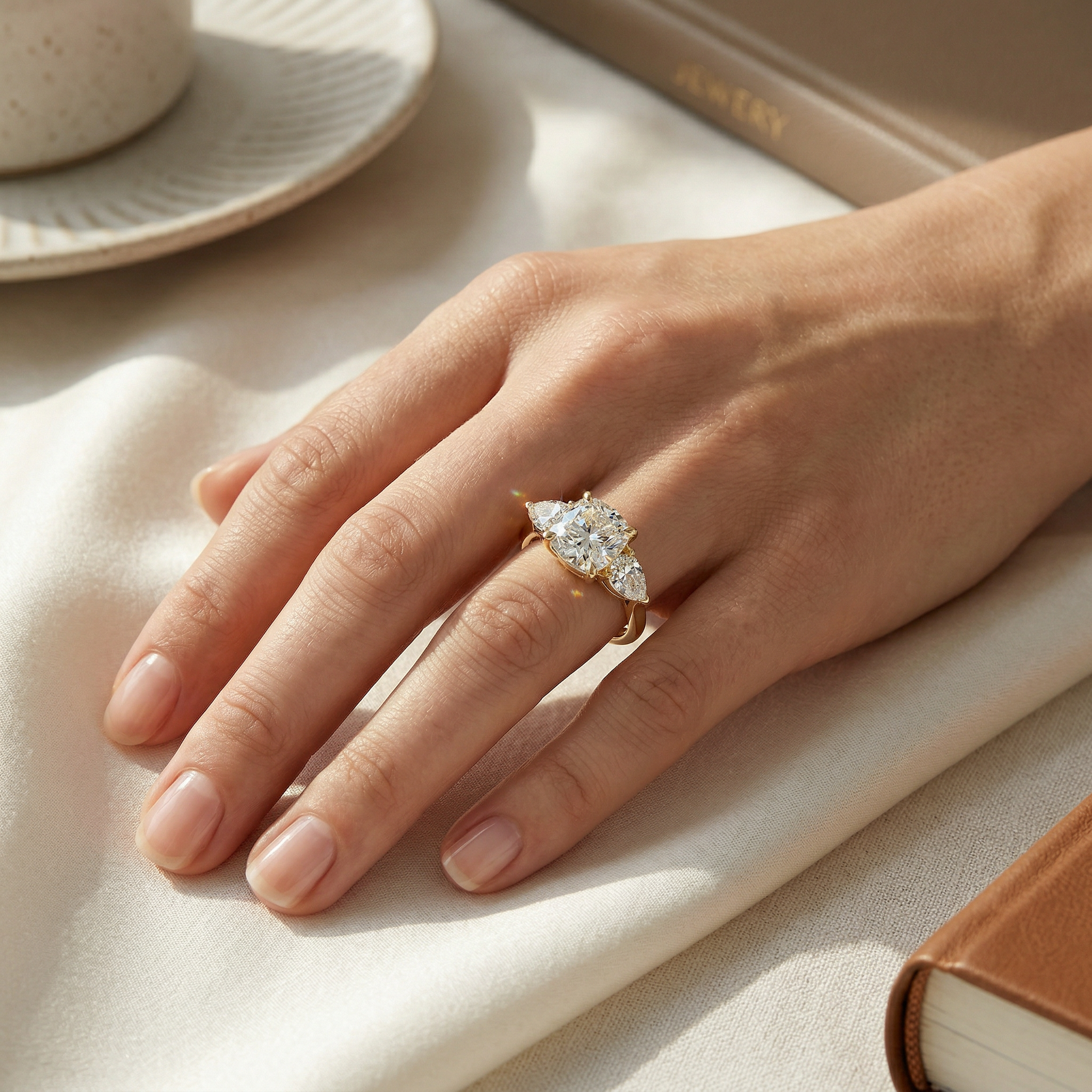 4 Carat E VVS Cushion & Pear Cut Three Stone Lab Grown Diamond Engagement Ring