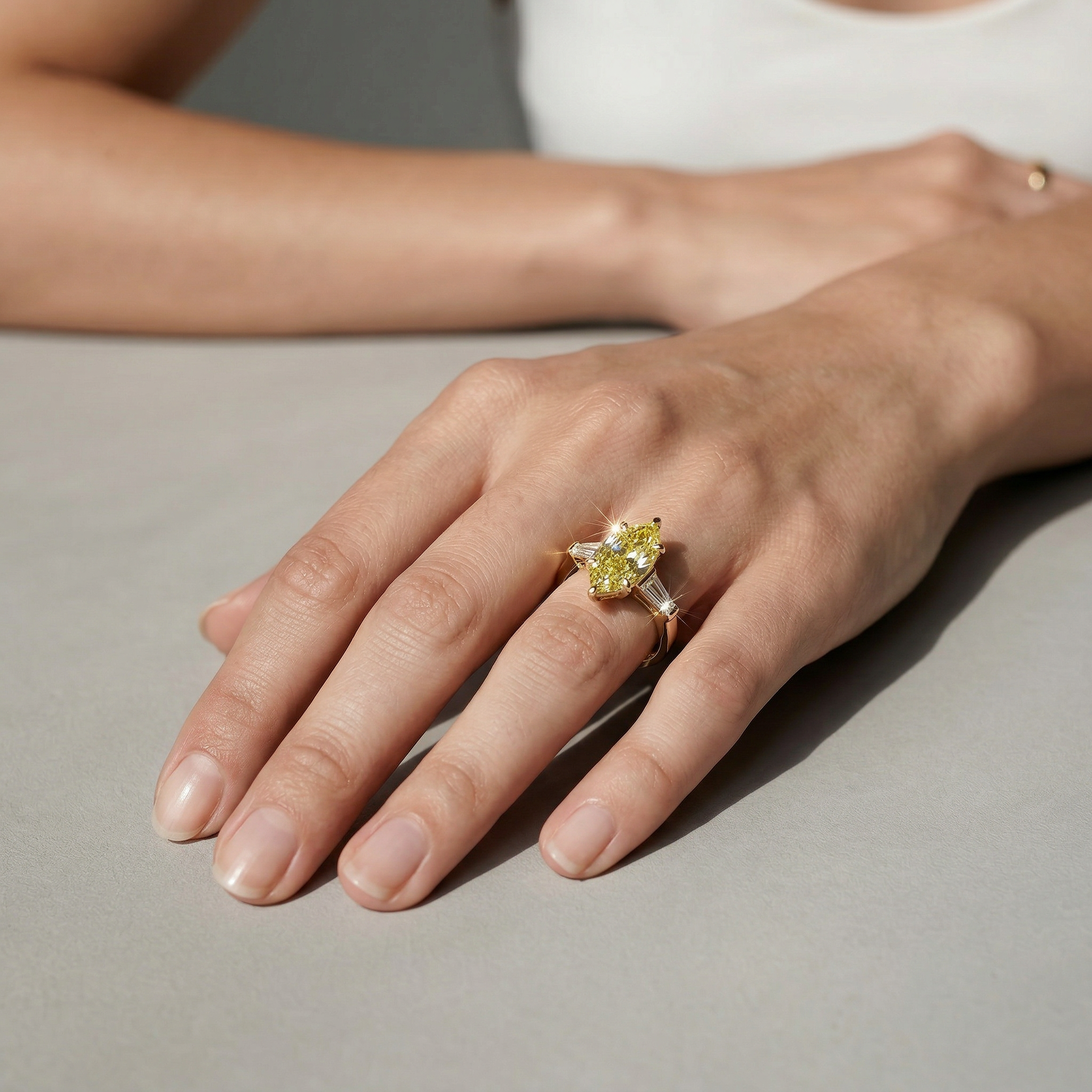 3.75 Carat Canary Yellow Marquise & Tapered Baguette Lab Grown Diamond Three Stone Engagement Ring