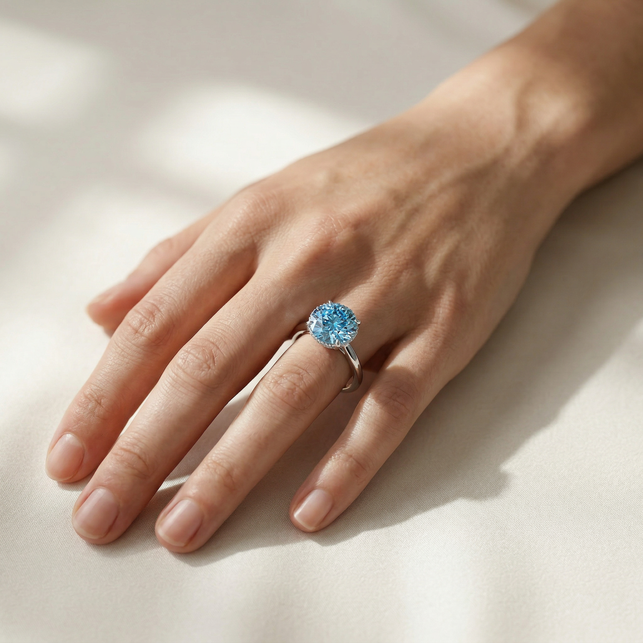 3ct Fancy Blue Round Cut Hidden Halo Lab Grown Diamond Engagement Ring