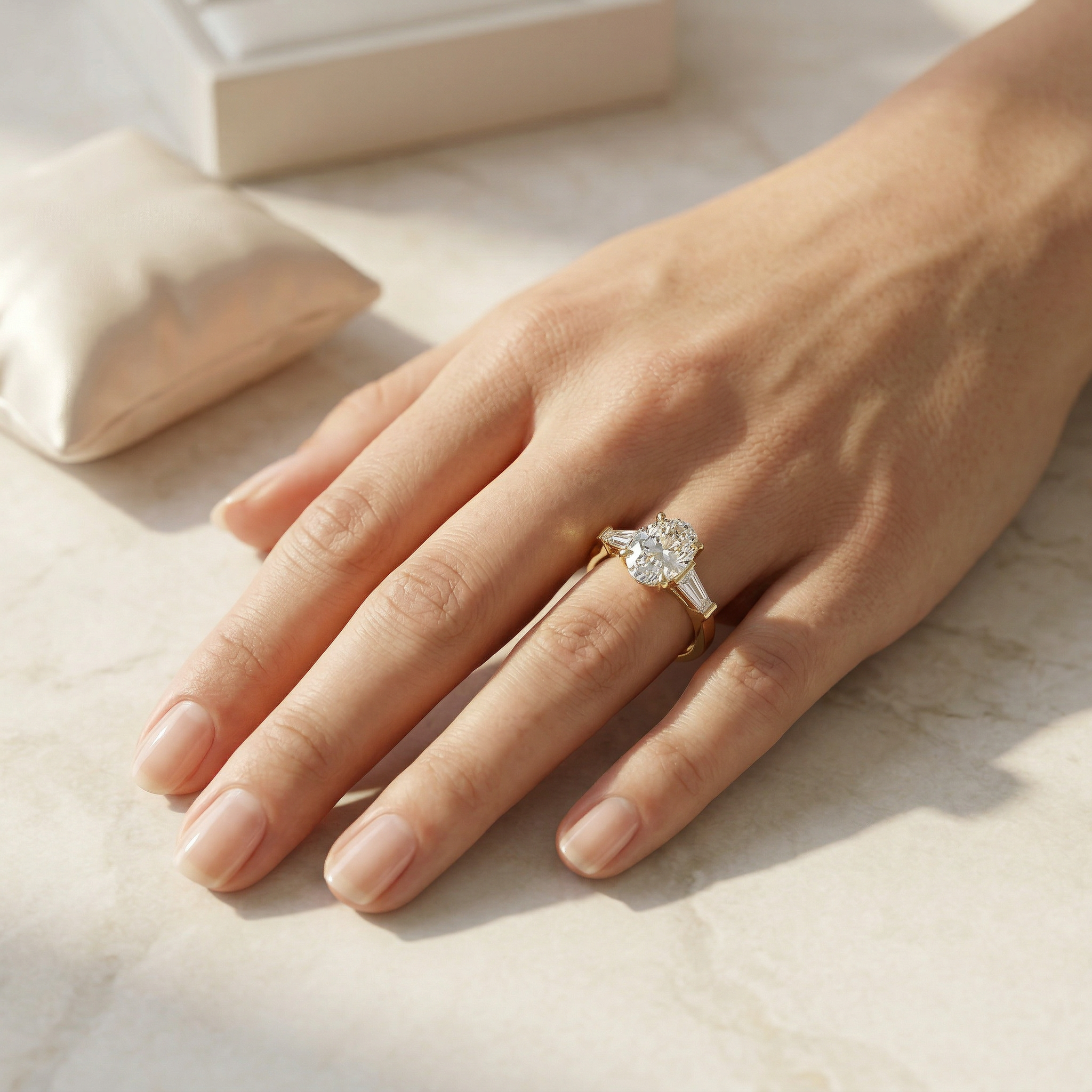 3.75 Carat E/VVS Oval & Tapered Baguette Lab Grown Diamond Three Stone Engagement Ring