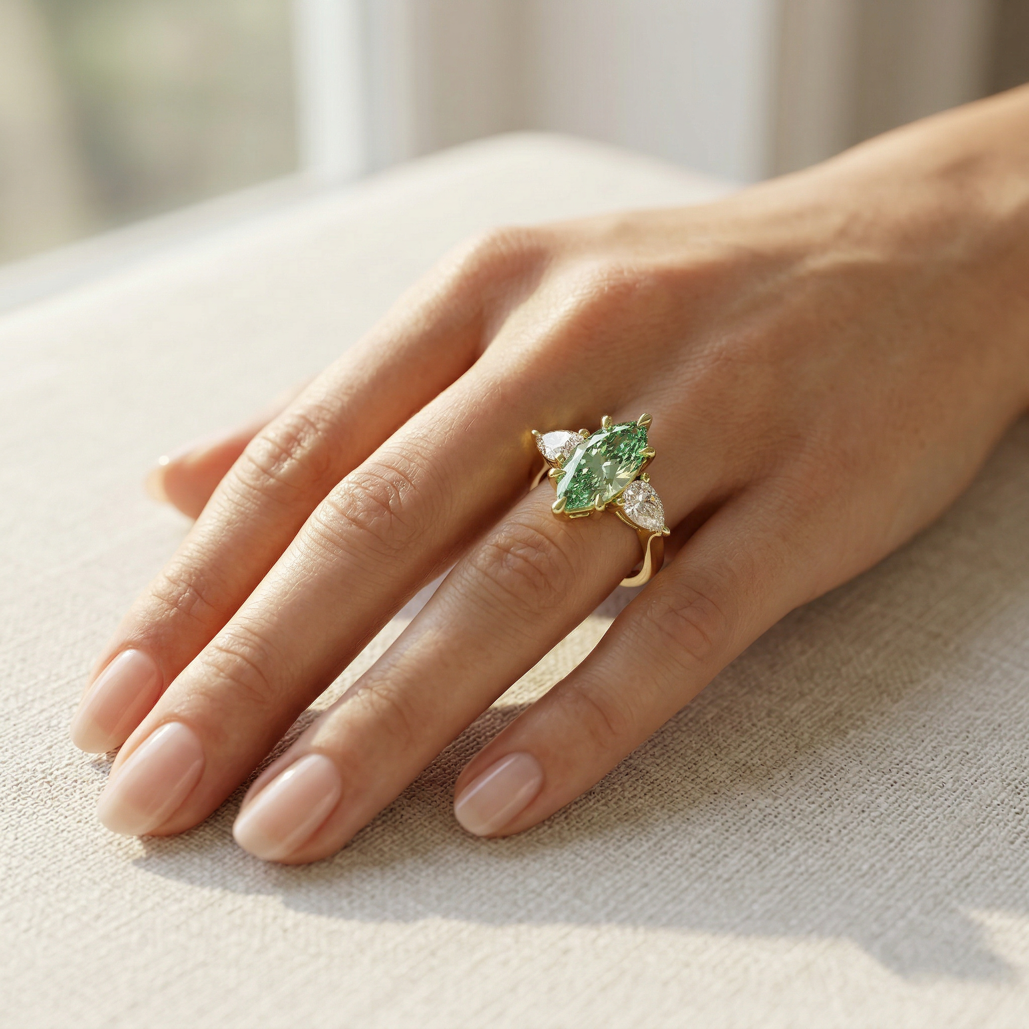 3 Carat Fancy Green Marquise & Pear Cut Three Stone Lab Grown Diamond Engagement Ring