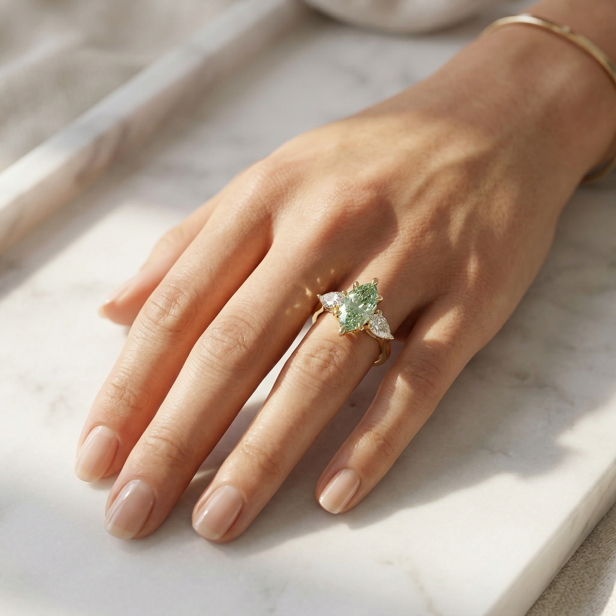 3 Carat Fancy Green Marquise & Pear Cut Three Stone Lab Grown Diamond Engagement Ring