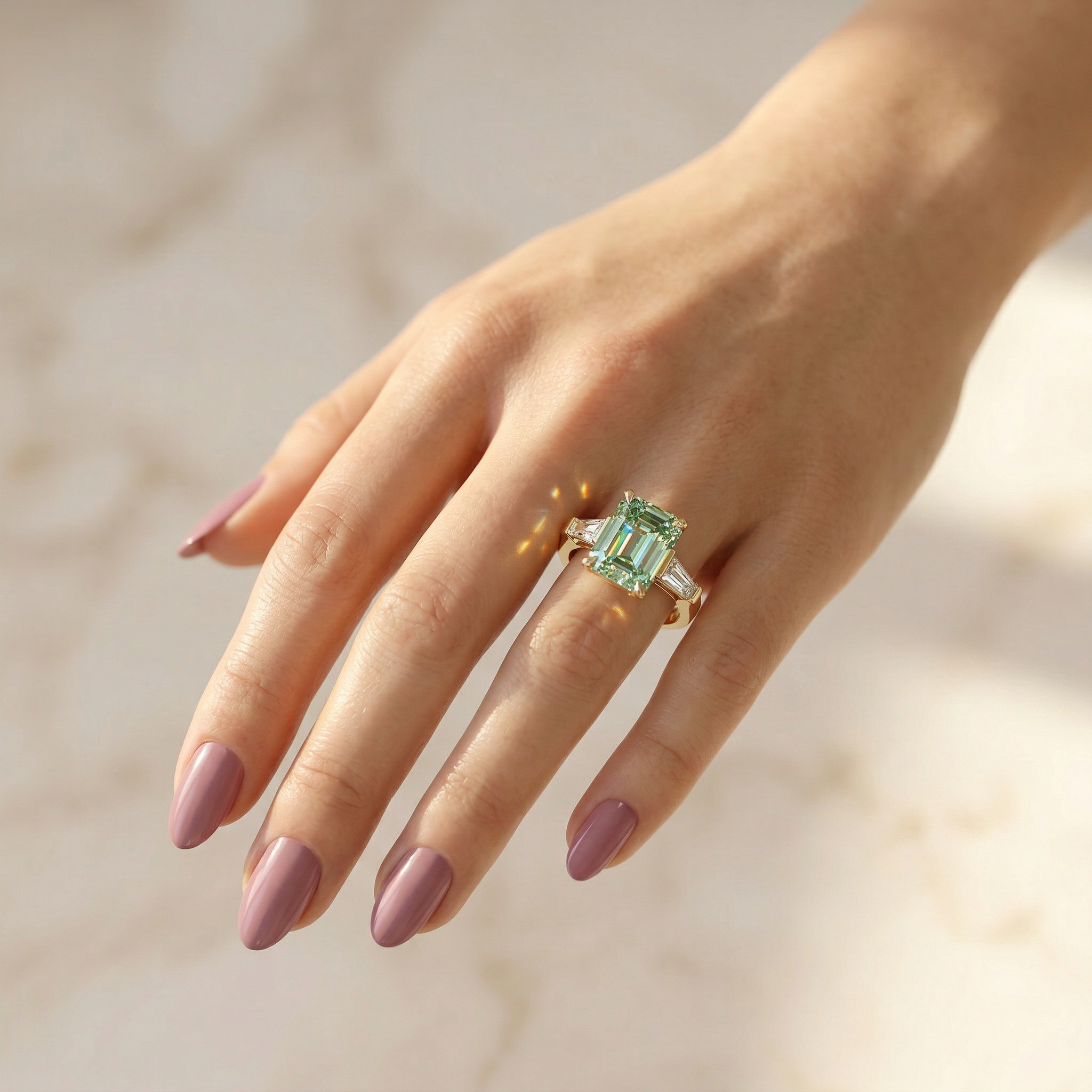 3.75ct Vivid Green Emerald & Tapered Baguette Three Stone Lab Diamond Ring