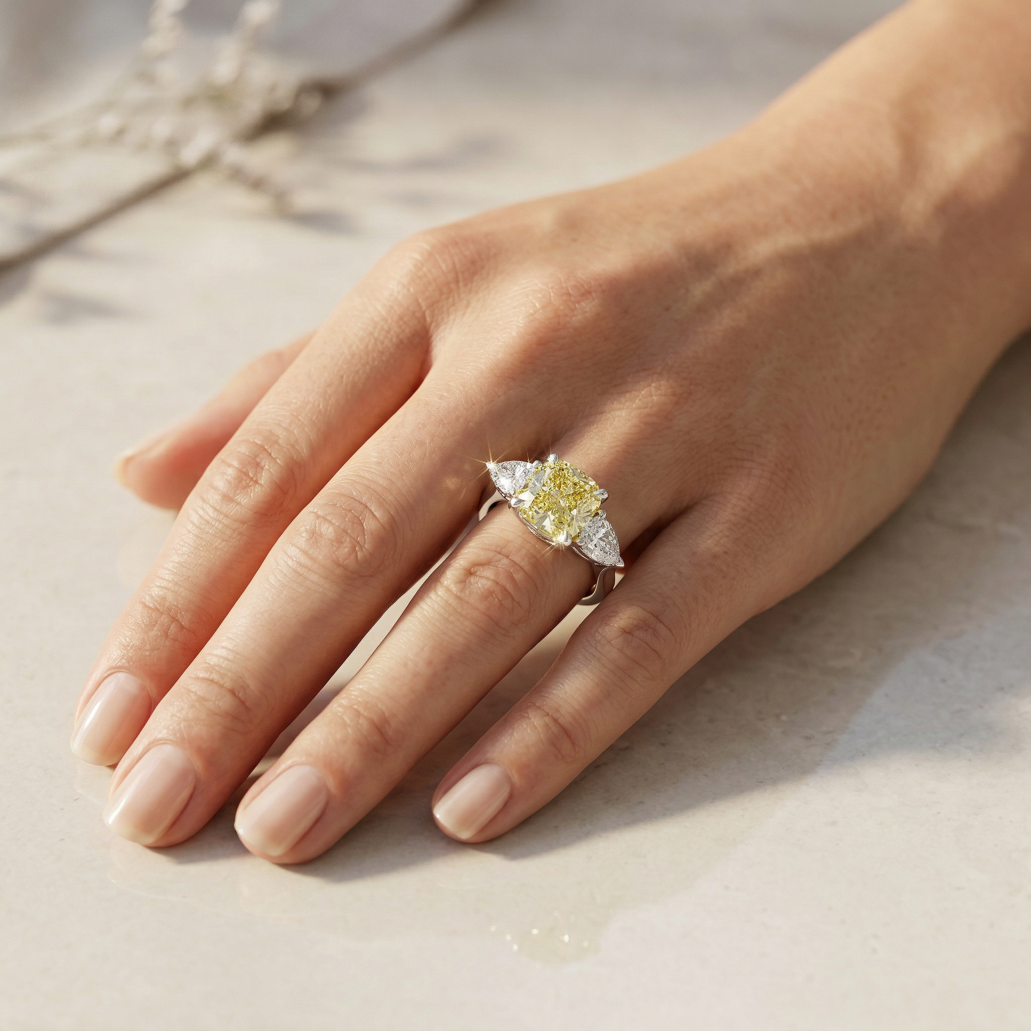 4 Carat Fancy Yellow Cushion & Pear Cut Three Stone Lab Grown Diamond Engagement Ring