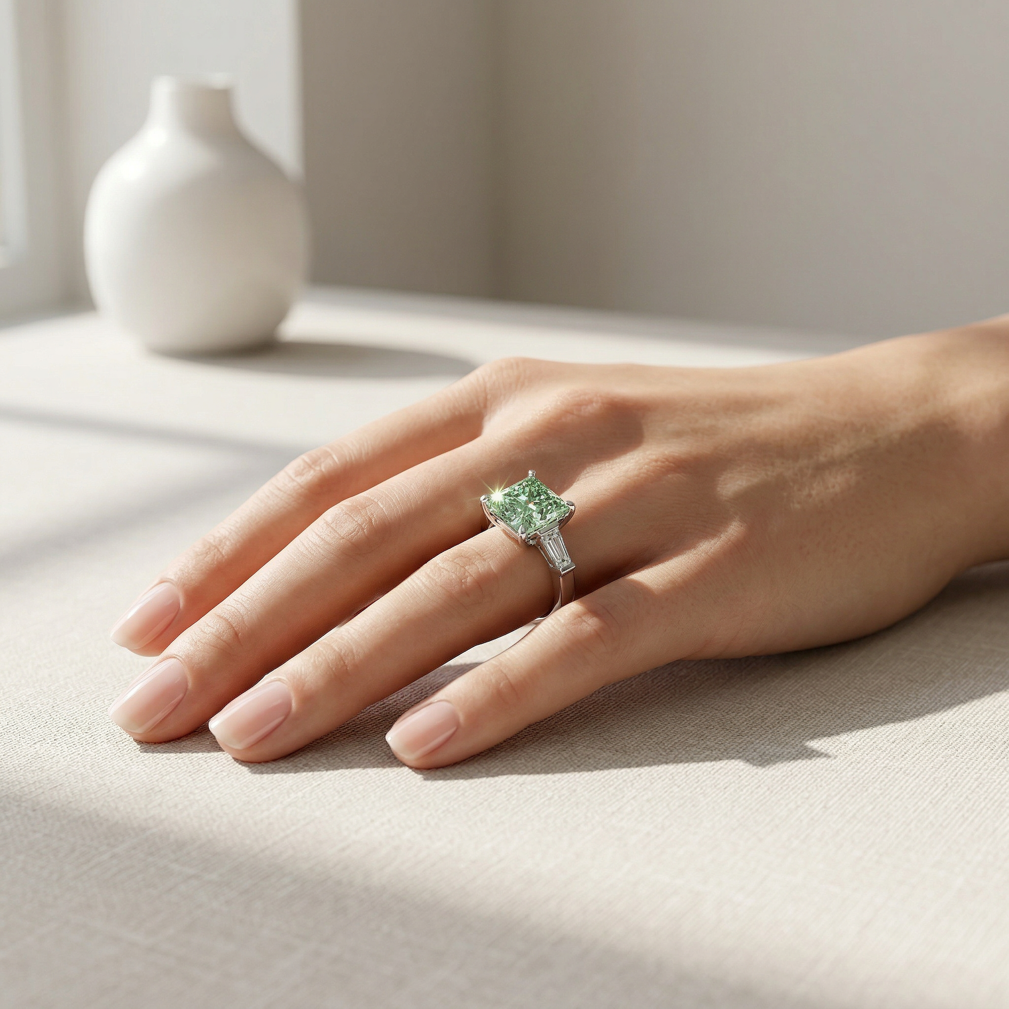 4ct Vivid Green Princess & Tapered Baguette Three Stone Lab Diamond Ring - Alluring