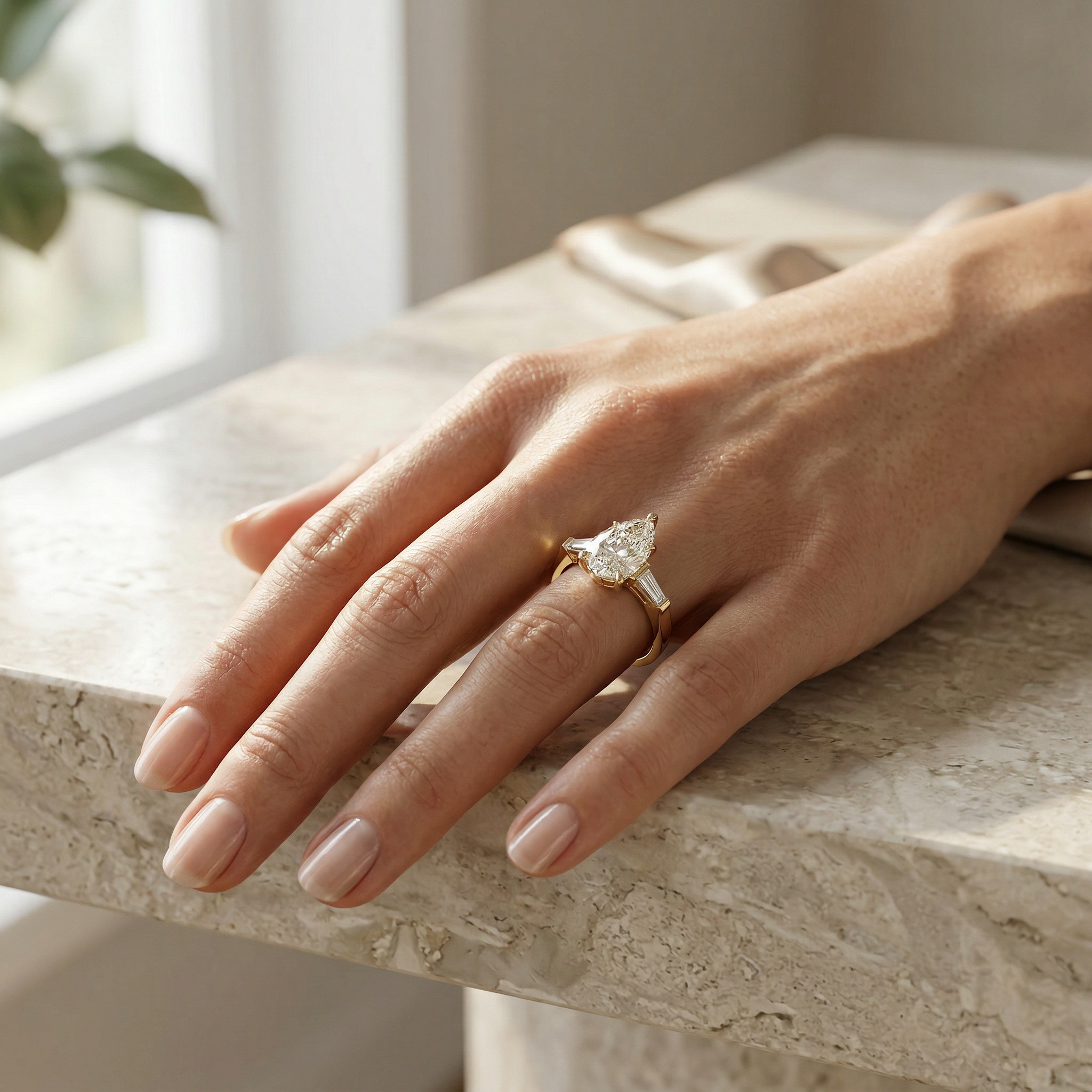 3.40ct E/VVS Pear & Tapered Baguette Three Stone Lab Diamond Ring - Bella