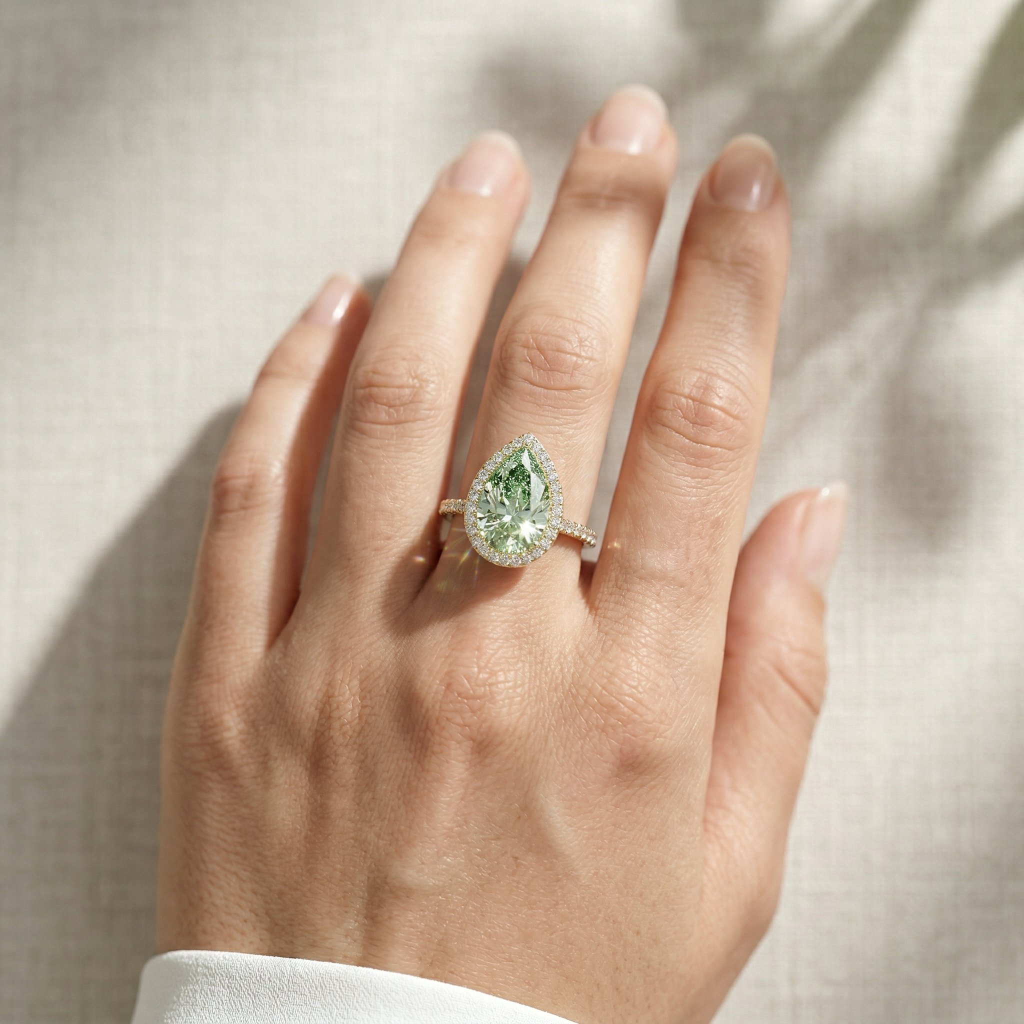 3ct Fancy Vivid Green Pear Cut Halo & Pave Lab Grown Diamond Engagement Ring - Madona