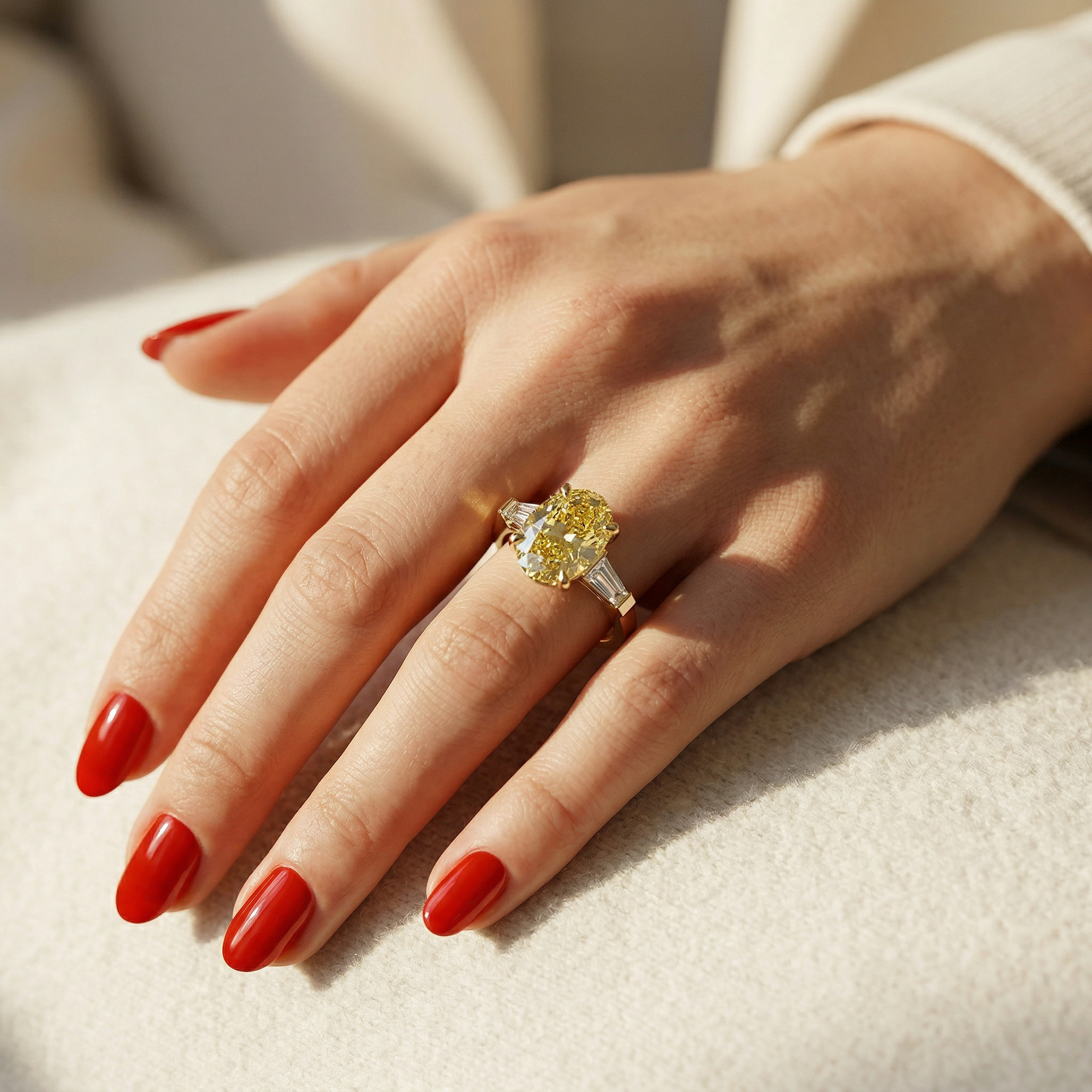 3.75 Carat Canary Yellow Oval & Tapered Baguette Lab Grown Diamond Three Stone Engagement Ring