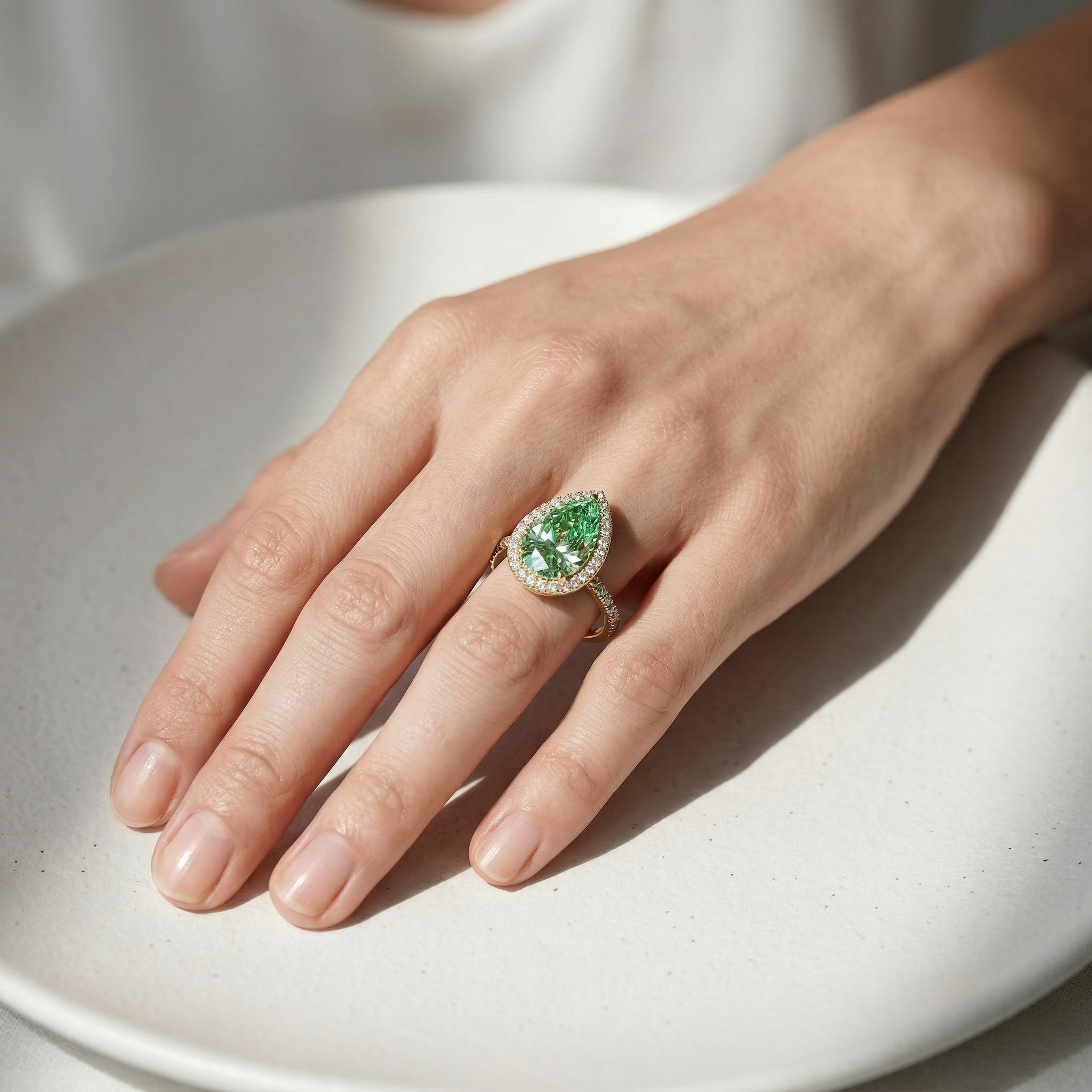3ct Fancy Vivid Green Pear Cut Halo & Pave Lab Grown Diamond Engagement Ring - Madona