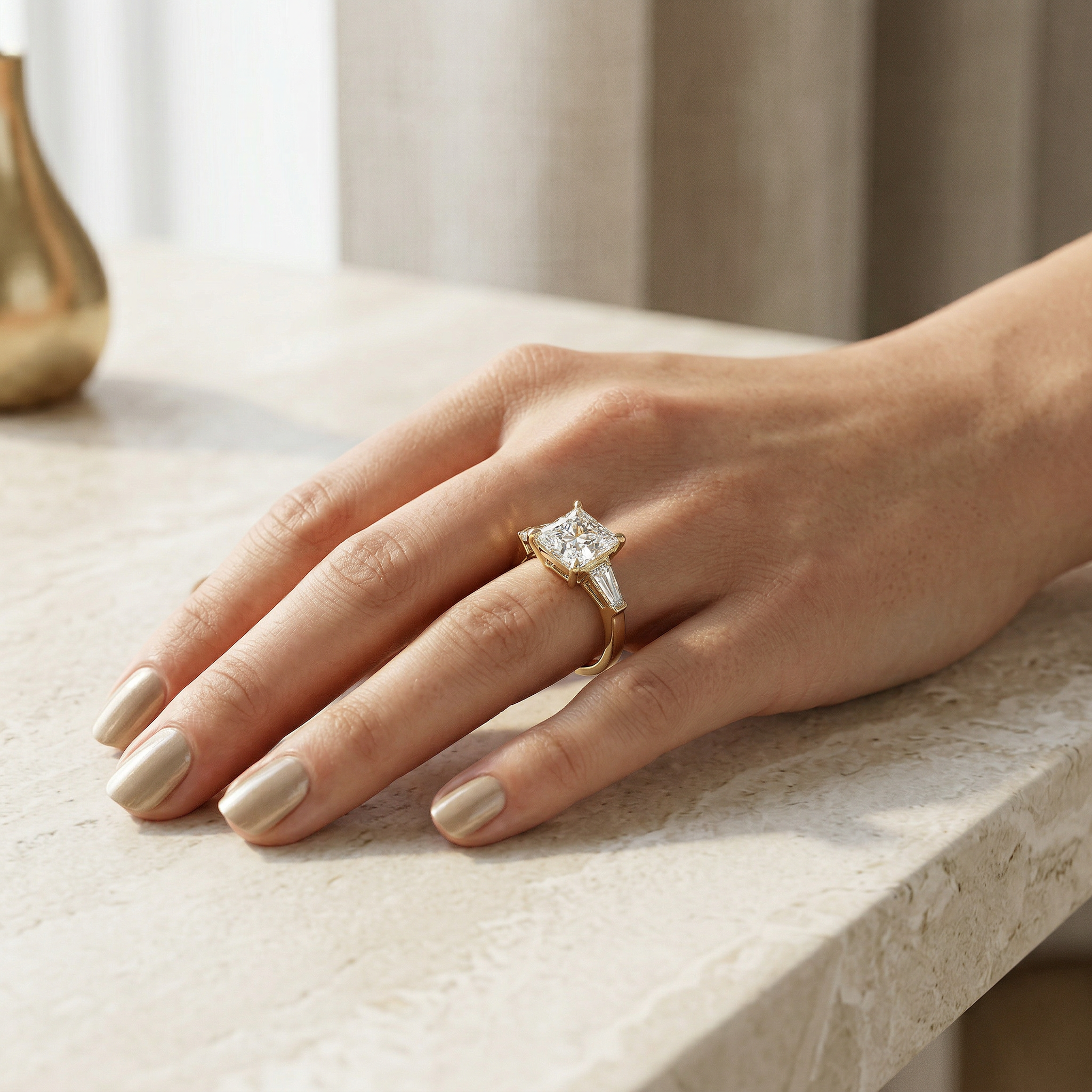 4ct E/VVS Princess & Tapered Baguette Three Stone Lab Diamond Ring - Alluring
