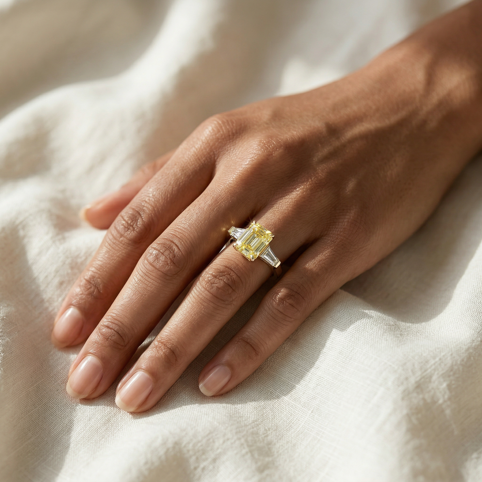 3.75ct Canary Yellow Emerald & Tapered Baguette Three Stone Lab Diamond Ring
