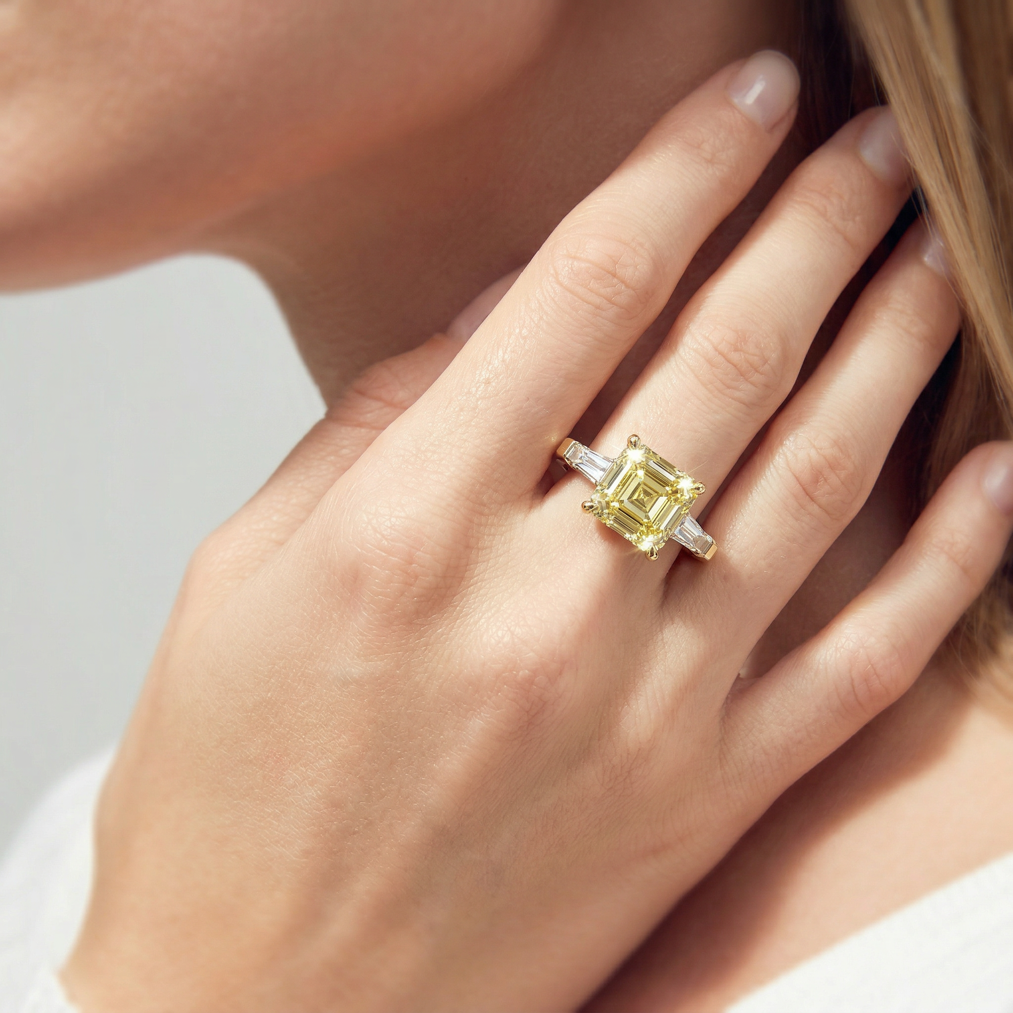 3.80ct Canary Yellow Asscher & Tapered Baguette Multi Stone Lab Diamond Ring - Brillante